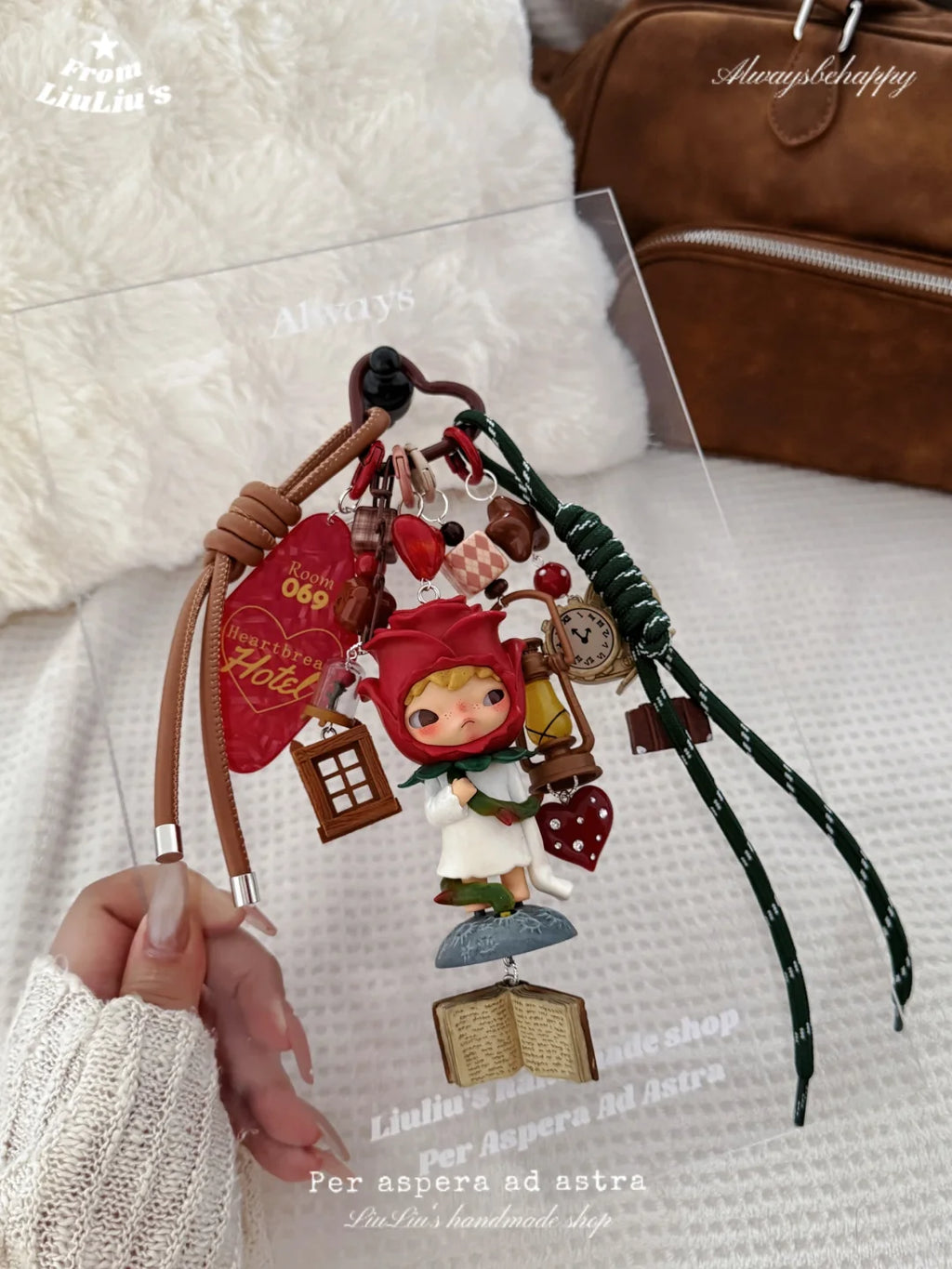 Handmade Bag Charm with Rose Girl Figurine & Book Pendant – DIY Keychain & Phone Strap