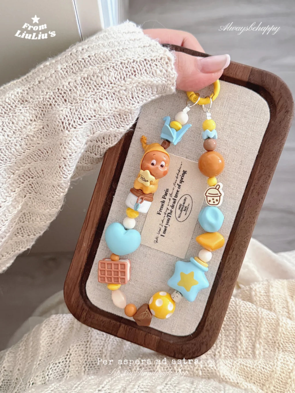 Handmade DIY Beaded Phone Charm - Yellow and Blue Kawaii Doll Theme Phone Chain