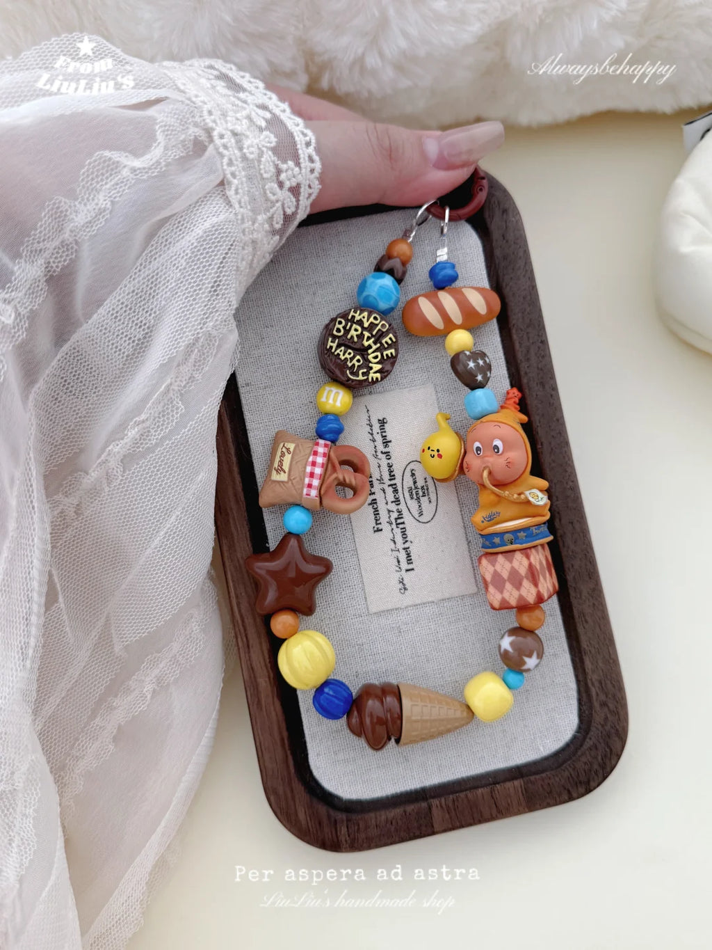 Handmade Kawaii Phone Charm – Brown StarMan Doll with Chocolate, Ice Cream & Bread Beaded Strap