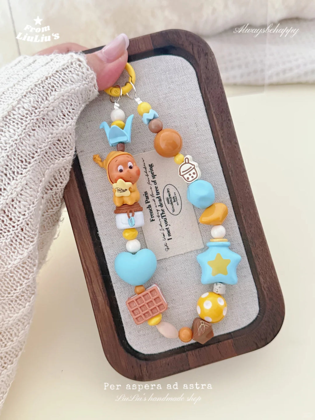 Handmade DIY Beaded Phone Charm - Yellow and Blue Kawaii Doll Theme Phone Chain