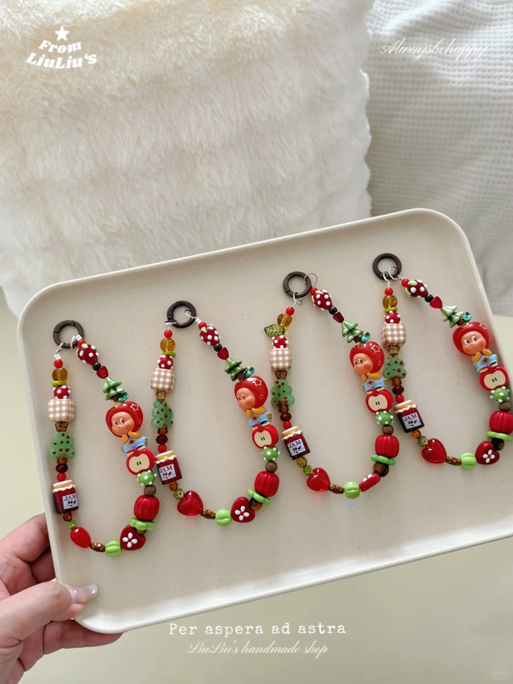 Handmade Custom diy Beaded Phone Strap Pendant - Cartoon-Style Doll Red-tone Phone Chain