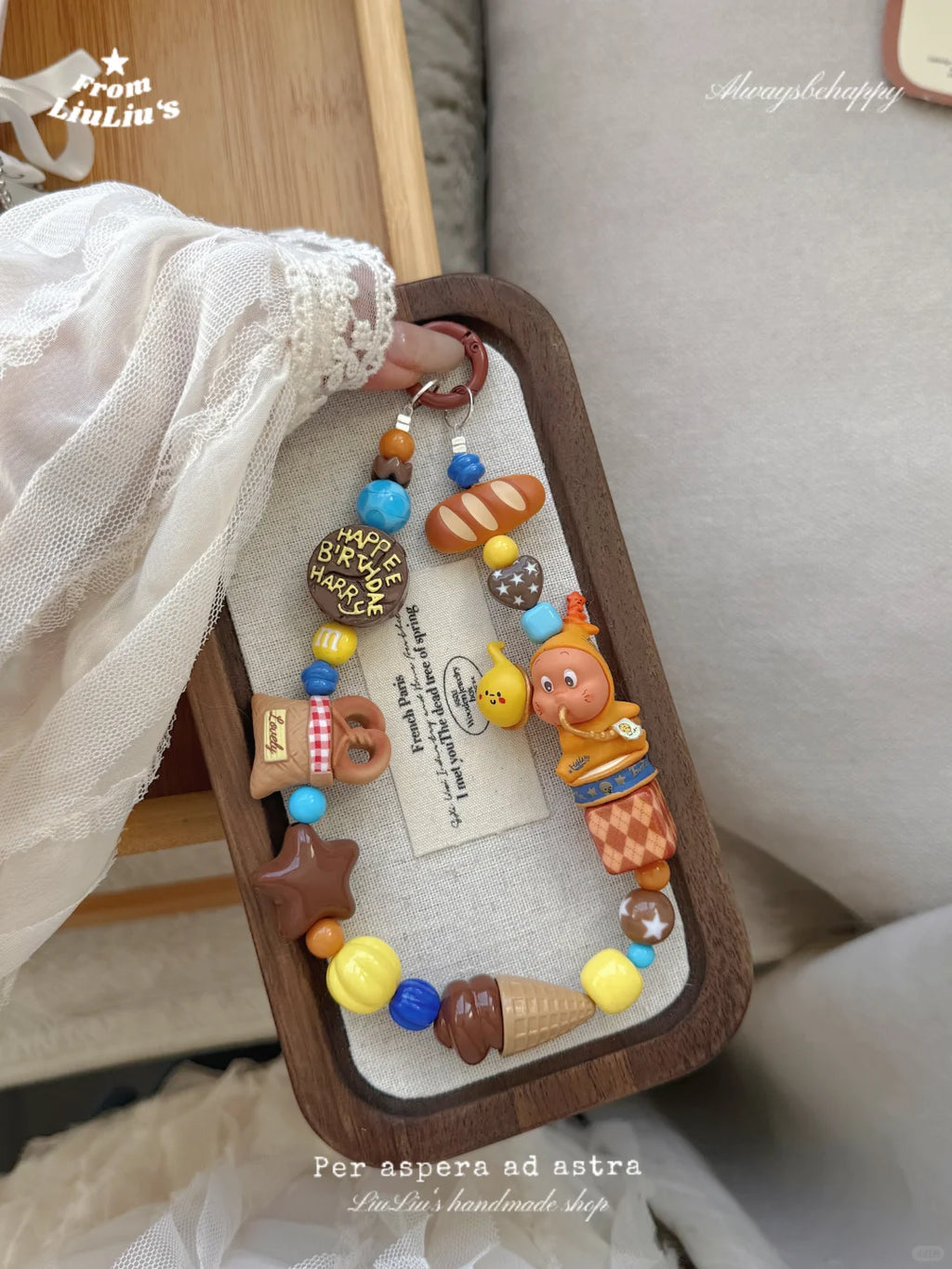 Handmade Kawaii Phone Charm – Brown StarMan Doll with Chocolate, Ice Cream & Bread Beaded Strap