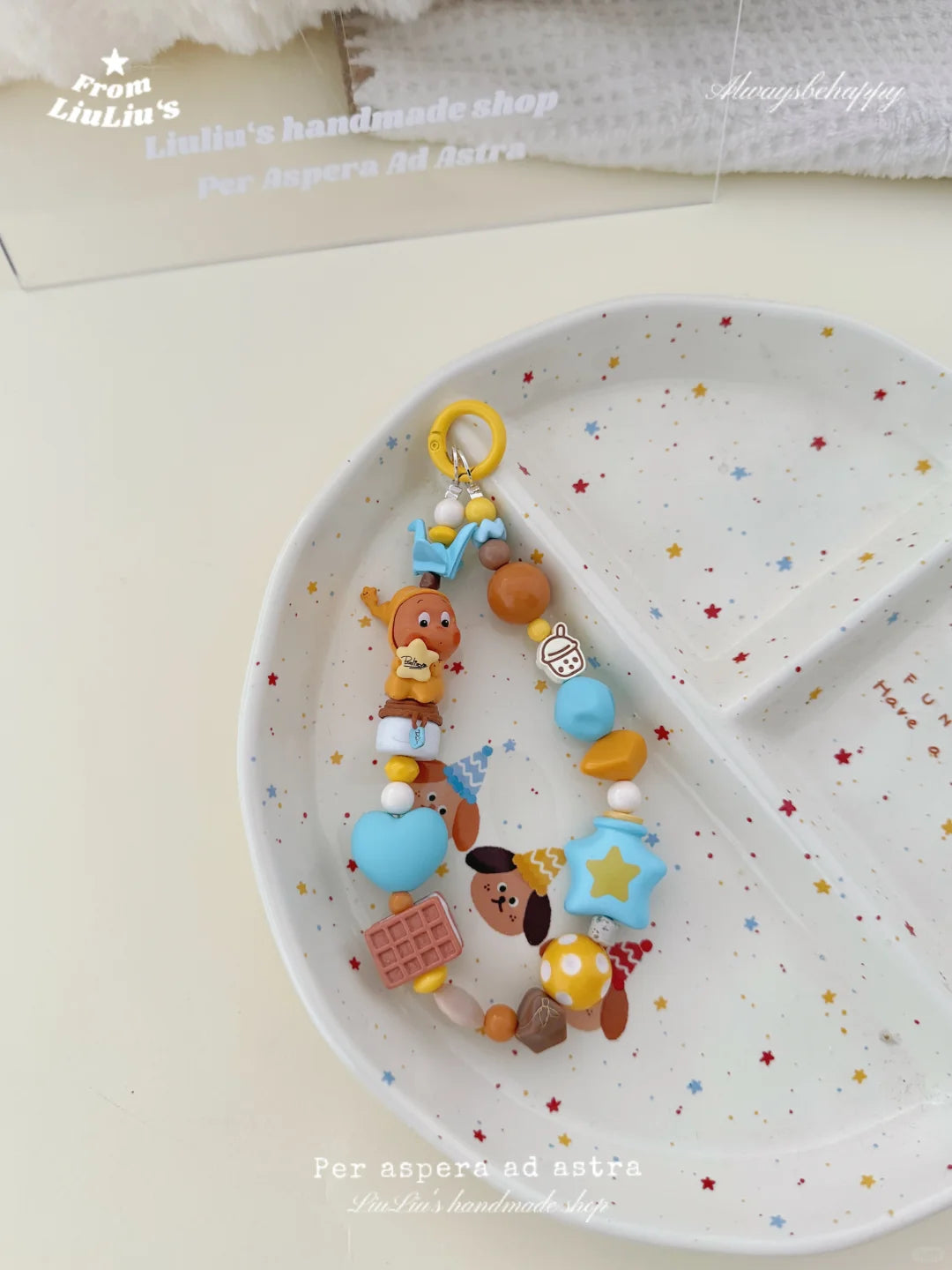 Handmade DIY Beaded Phone Charm - Yellow and Blue Kawaii Doll Theme Phone Chain