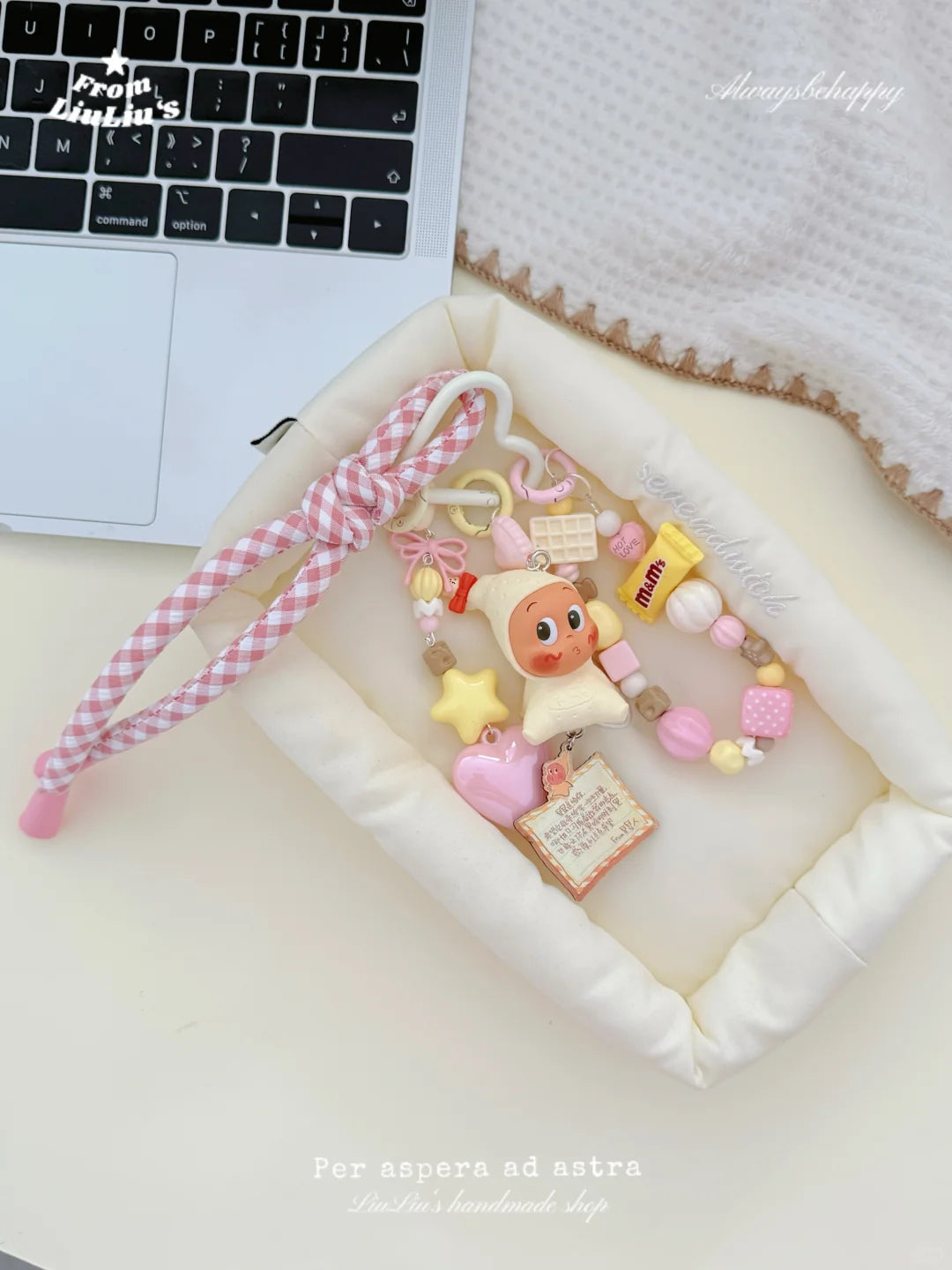 Kawaii Handmade Phone Charm Strap – Beaded Wrist Lanyard with StarMan Doll, Candy & Heart Charms