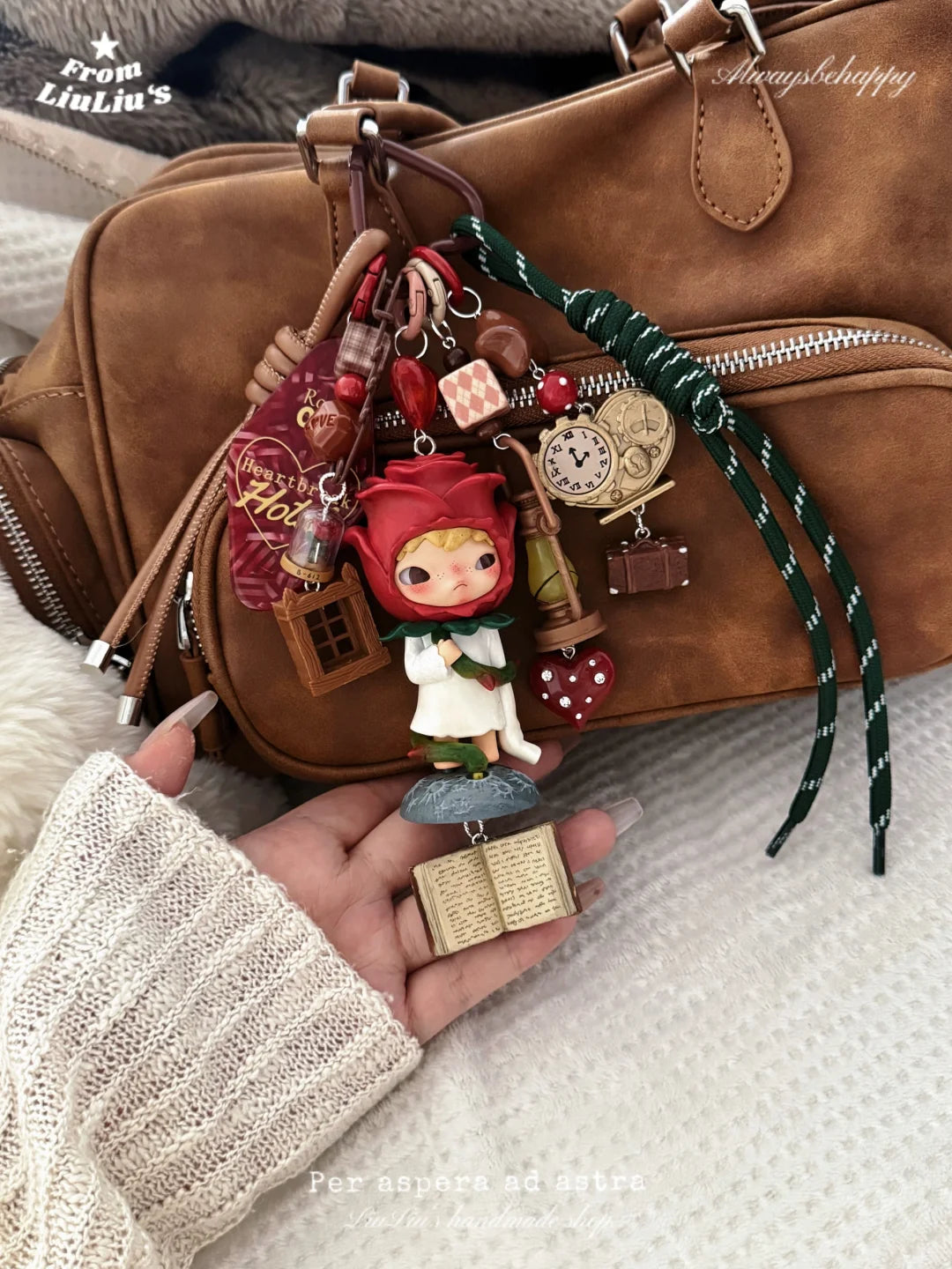 Handmade Bag Charm with Rose Girl Figurine & Book Pendant – DIY Keychain & Phone Strap