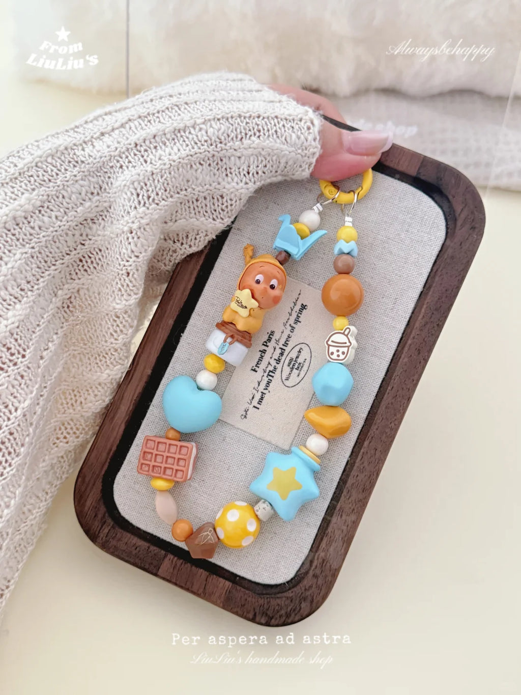 Handmade DIY Beaded Phone Charm - Yellow and Blue Kawaii Doll Theme Phone Chain
