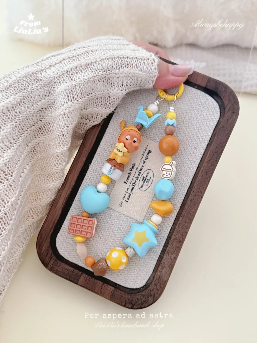 Handmade DIY Beaded Phone Charm - Yellow and Blue Kawaii Doll Theme Phone Chain