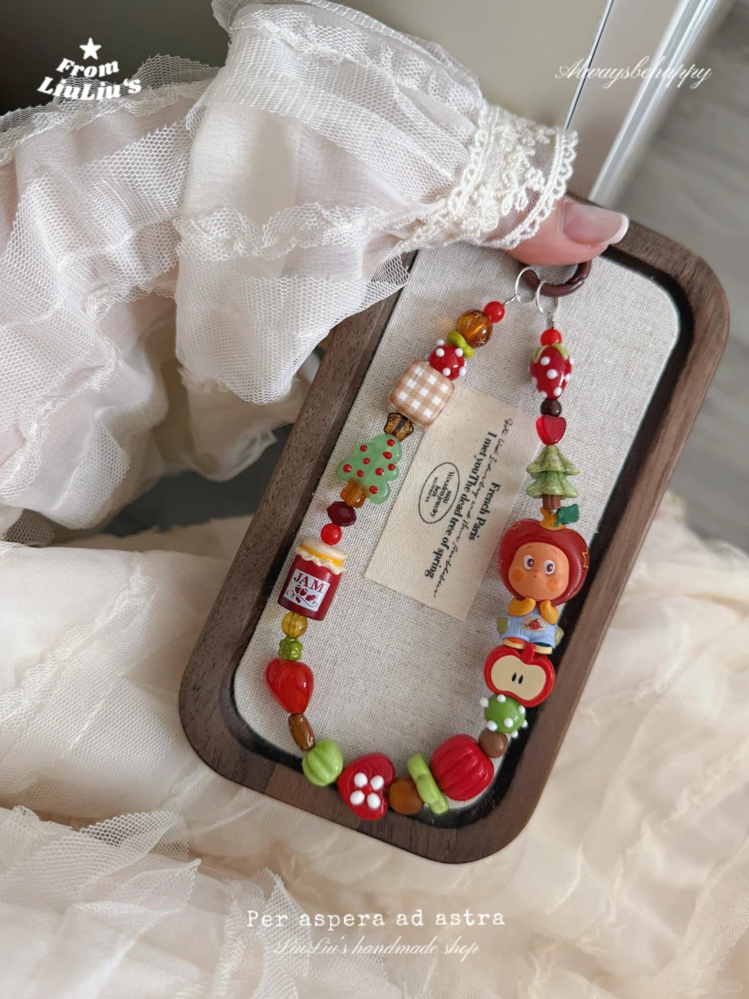 Handmade Custom diy Beaded Phone Strap Pendant - Cartoon-Style Doll Red-tone Phone Chain