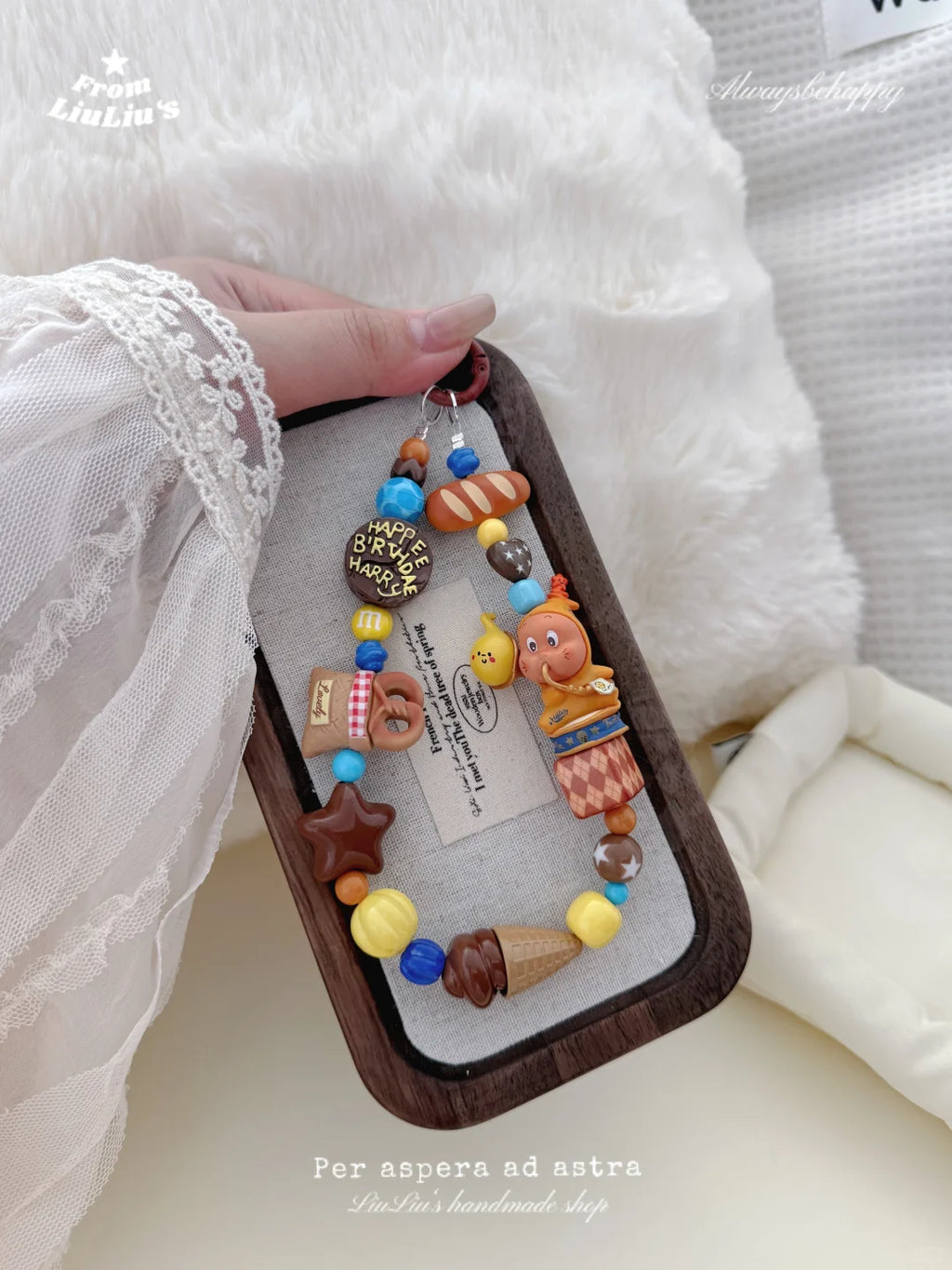 Handmade Kawaii Phone Charm – Brown StarMan Doll with Chocolate, Ice Cream & Bread Beaded Strap