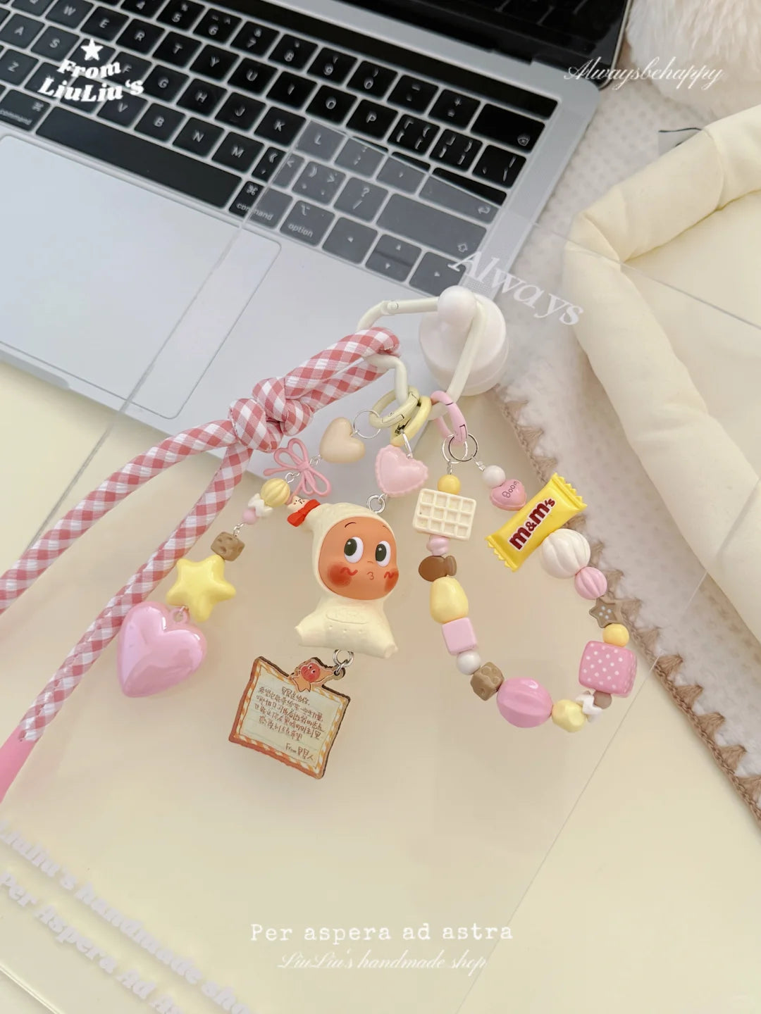 Kawaii Handmade Phone Charm Strap – Beaded Wrist Lanyard with StarMan Doll, Candy & Heart Charms