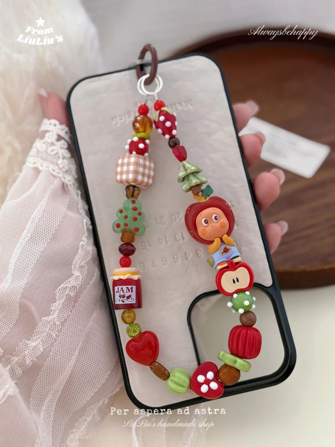 Handmade Custom diy Beaded Phone Strap Pendant - Cartoon-Style Doll Red-tone Phone Chain
