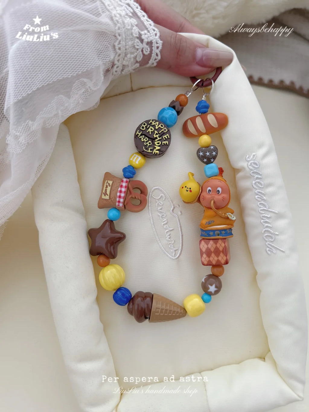 Handmade Kawaii Phone Charm – Brown StarMan Doll with Chocolate, Ice Cream & Bread Beaded Strap