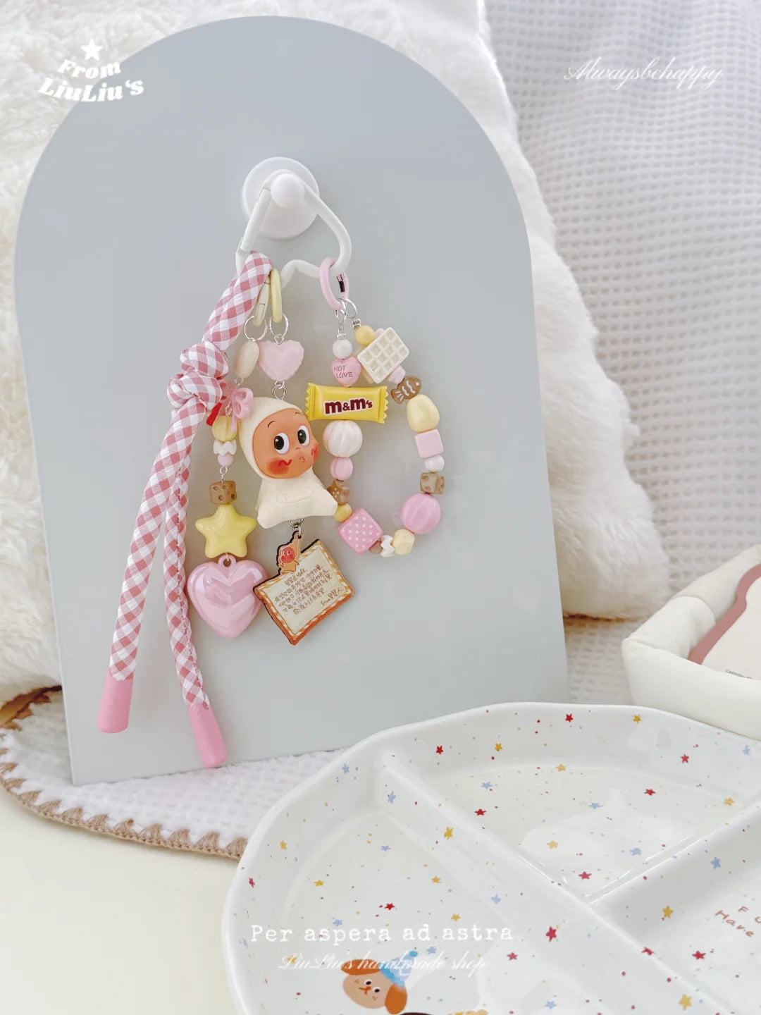 Kawaii Handmade Phone Charm Strap – Beaded Wrist Lanyard with StarMan Doll, Candy & Heart Charms