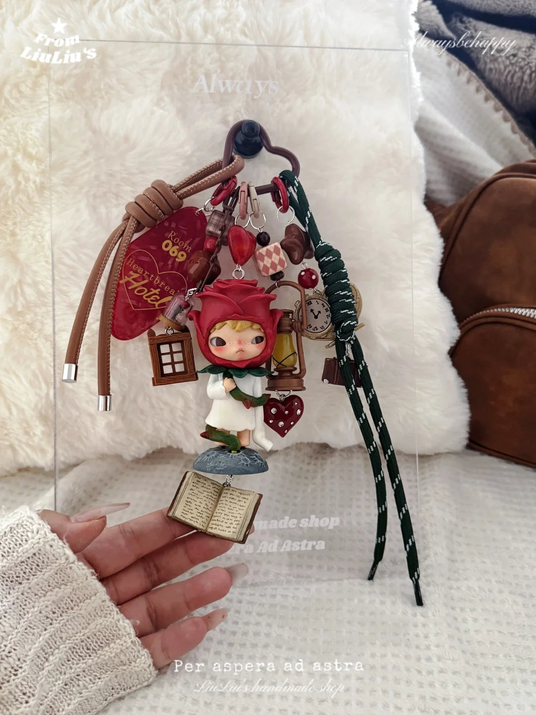 Handmade Bag Charm with Rose Girl Figurine & Book Pendant – DIY Keychain & Phone Strap