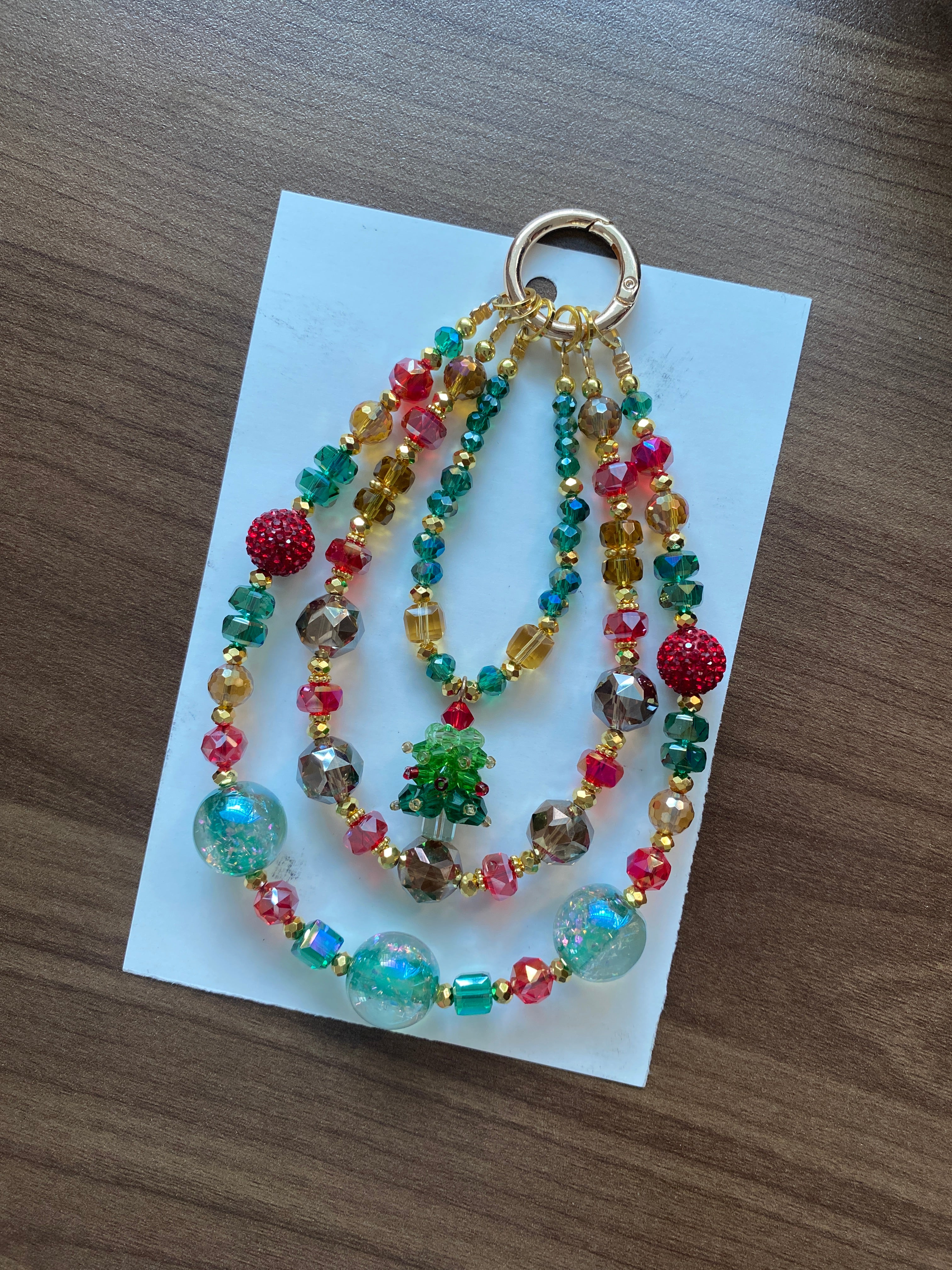 Christmas Limited Edition Beaded Chain Phone Charm — Triple-Chain Beaded Christmas Tree Theme Phone Accessory