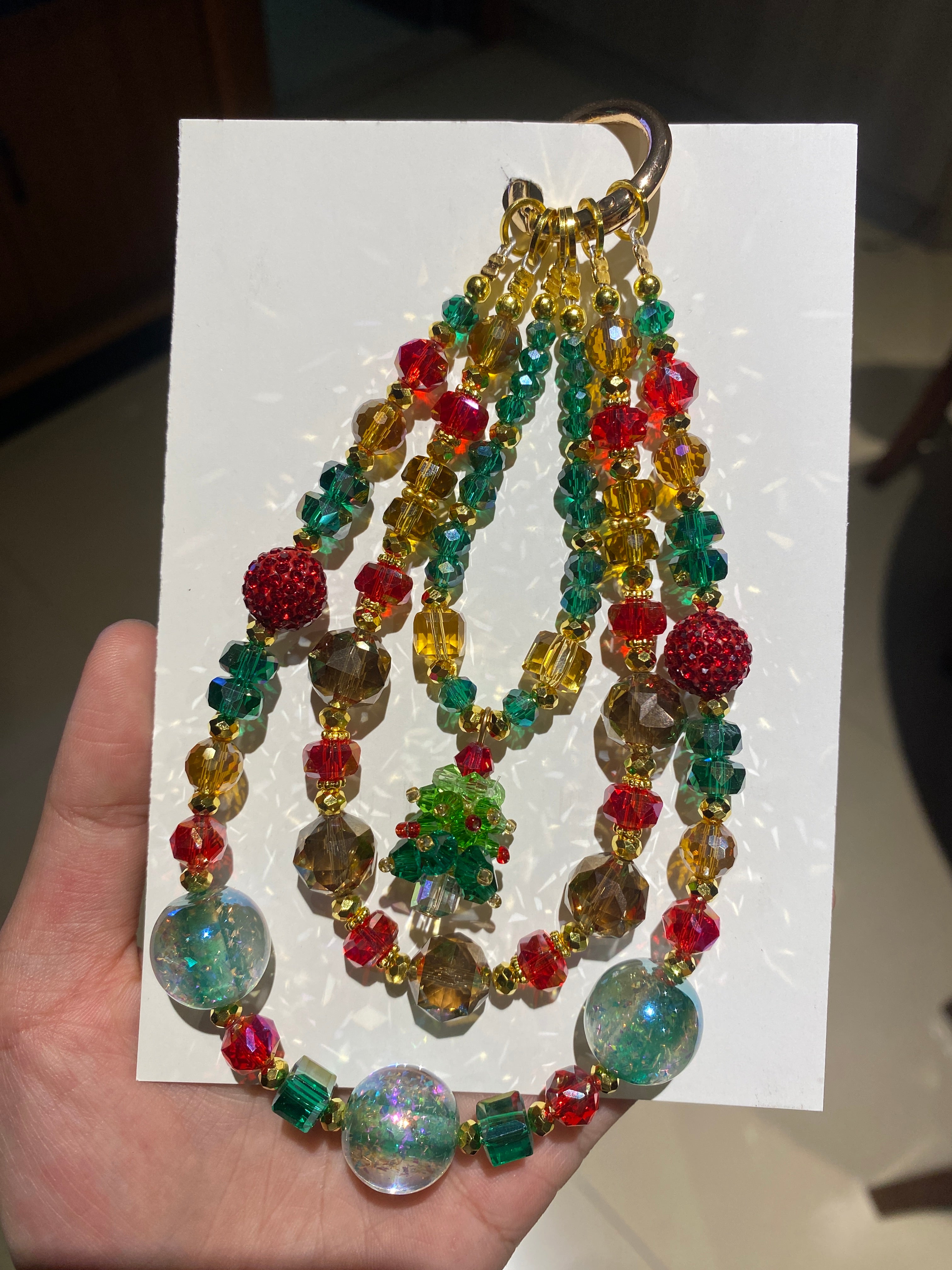 Christmas Limited Edition Beaded Chain Phone Charm — Triple-Chain Beaded Christmas Tree Theme Phone Accessory