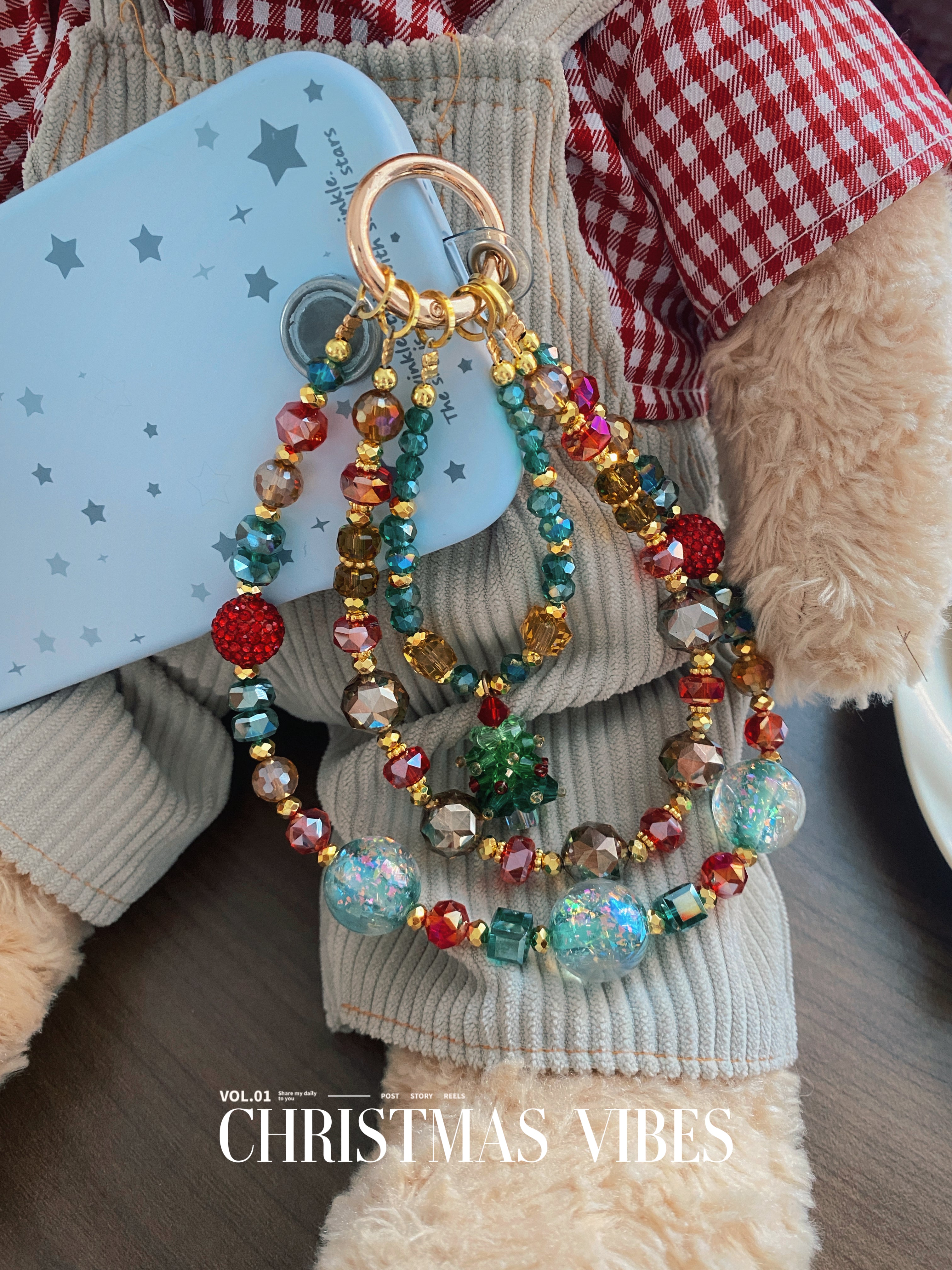 Christmas Limited Edition Beaded Chain Phone Charm — Triple-Chain Beaded Christmas Tree Theme Phone Accessory