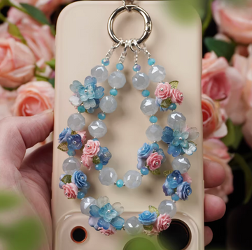 Handmade Macaron-Colored Flower Phone Charm | Light Blue Resin Rose & Ethereal-Style Strap
