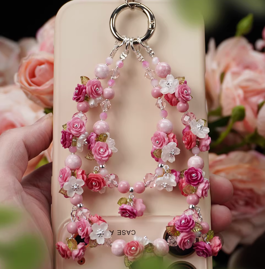 Handmade Pink Rose Phone Charm | Coquette Floral Beaded Strap