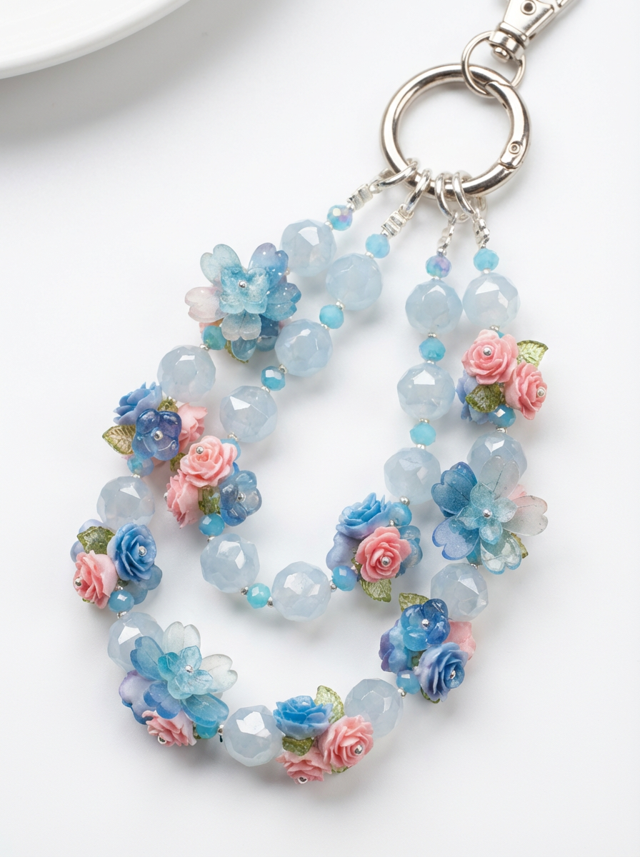 Handmade Macaron-Colored Flower Phone Charm | Light Blue Resin Rose & Ethereal-Style Strap