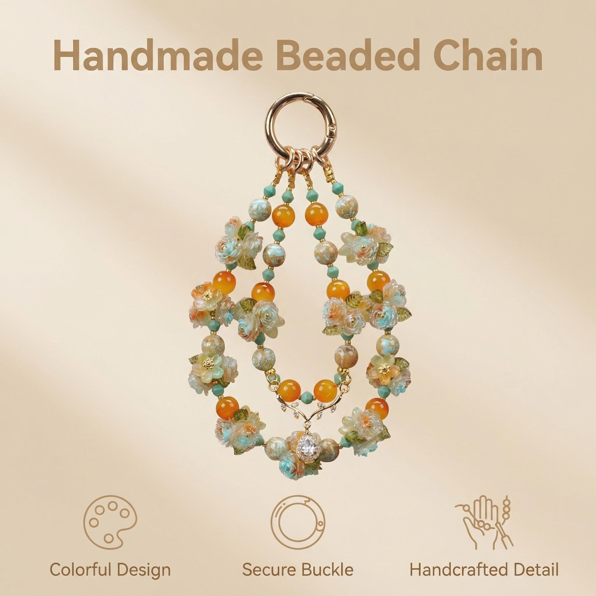 Handmade Floral Beaded Phone Charm | Orange & Turquoise Oriental Strap