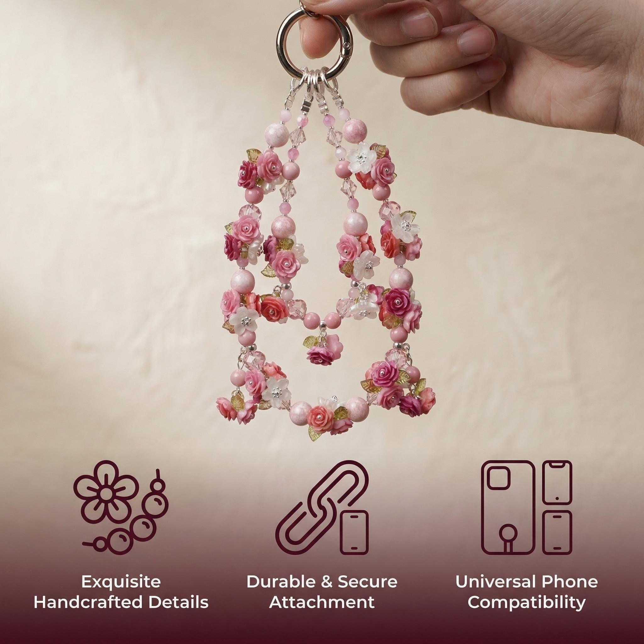Handmade Pink Rose Phone Charm | Coquette Floral Beaded Strap