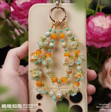 Handmade Floral Beaded Phone Charm | Orange & Turquoise Oriental Strap
