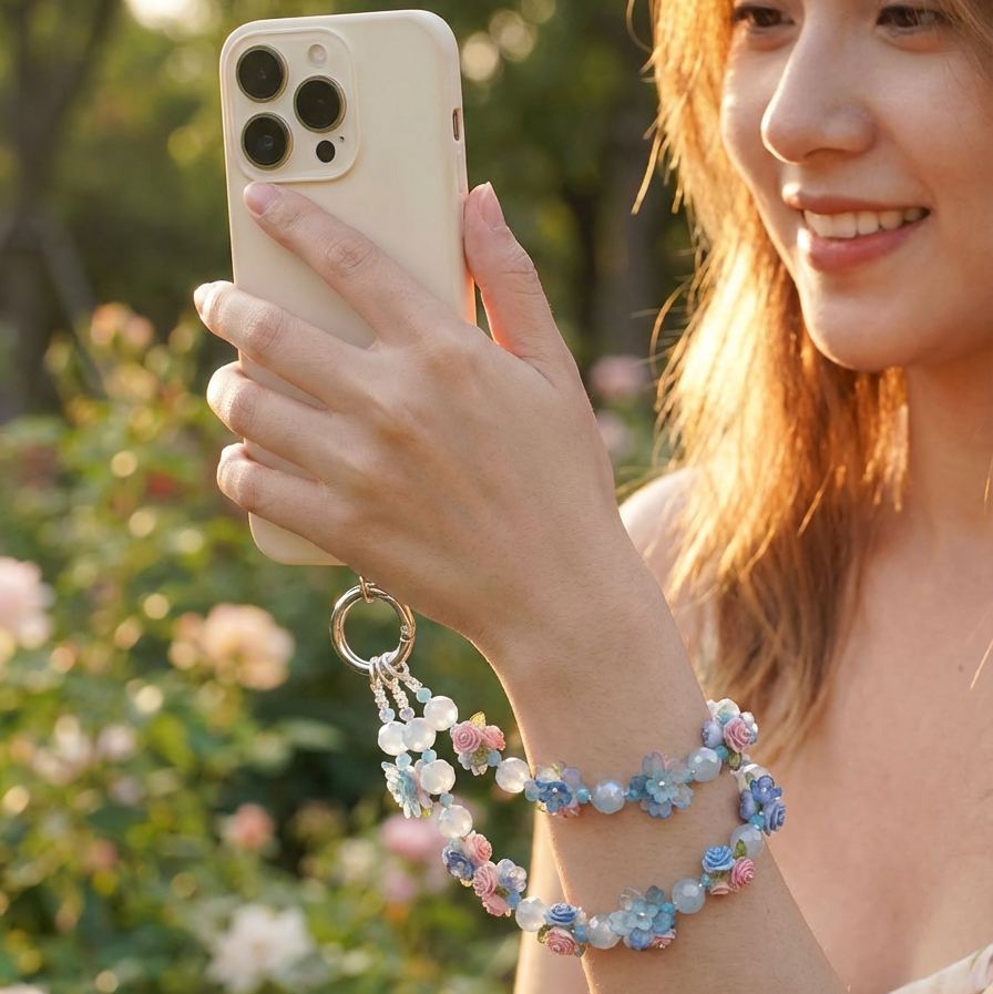 Handmade Macaron-Colored Flower Phone Charm | Light Blue Resin Rose & Ethereal-Style Strap
