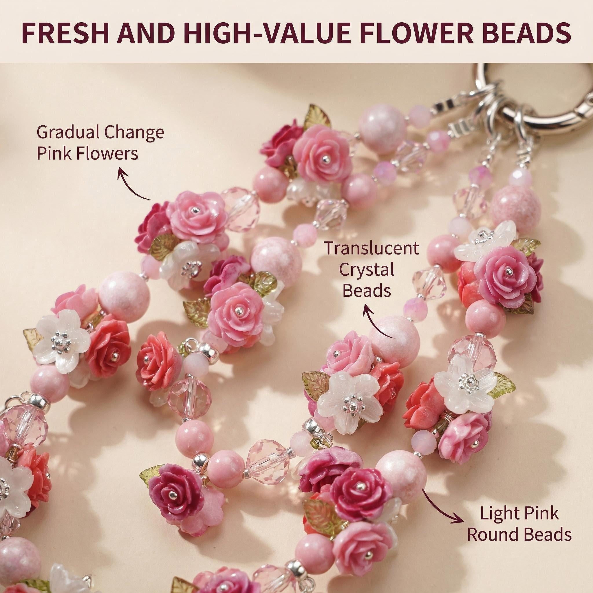 Handmade Pink Rose Phone Charm | Coquette Floral Beaded Strap