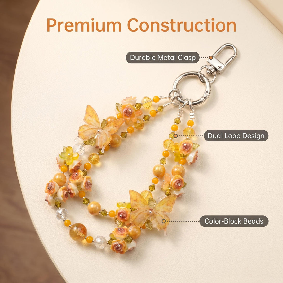 Handmade Yellow Butterfly Phone Charm | Cottagecore Floral Beaded Strap