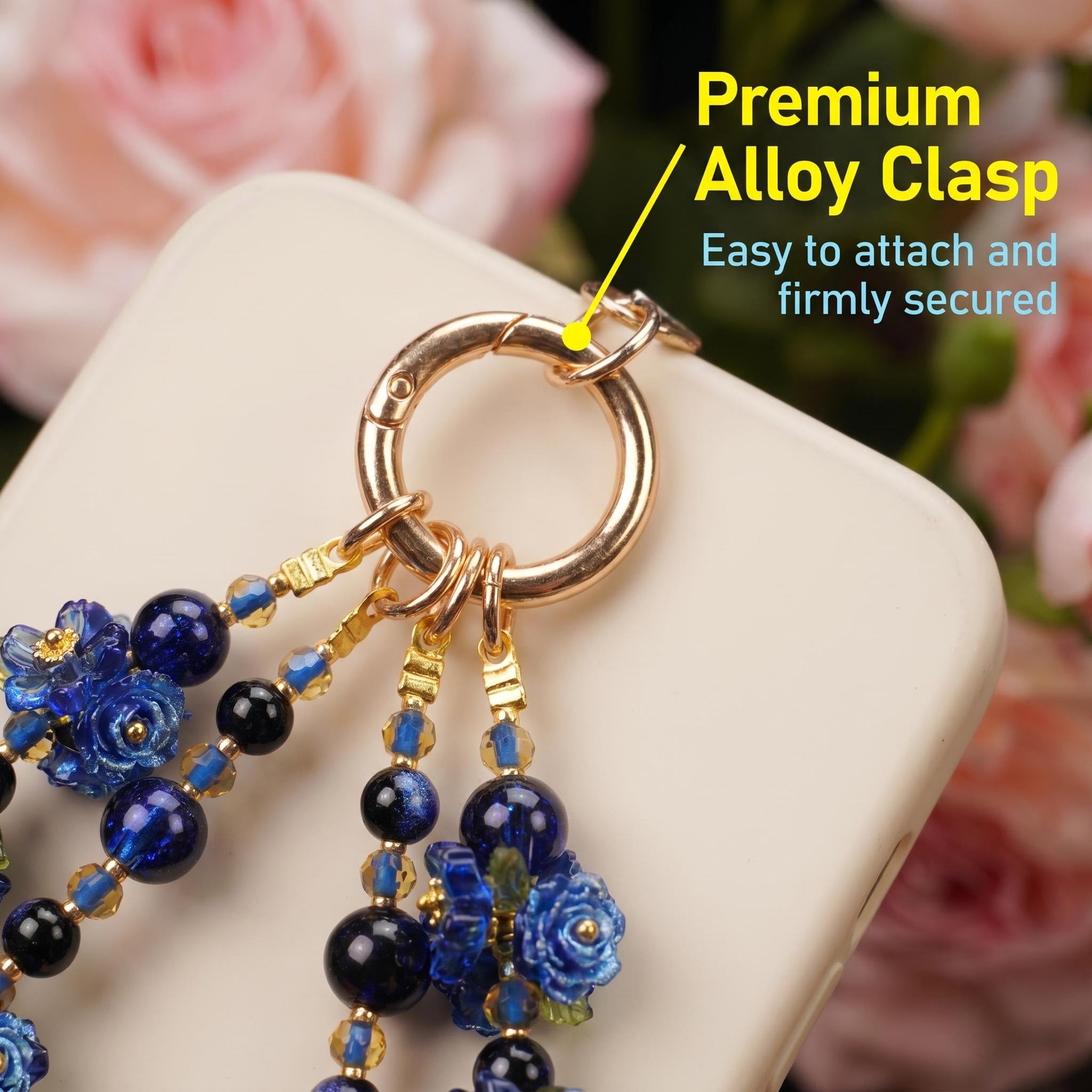 Handmade Sapphire Blue Rose Phone Charm | Vintage Oriental Beaded Strap