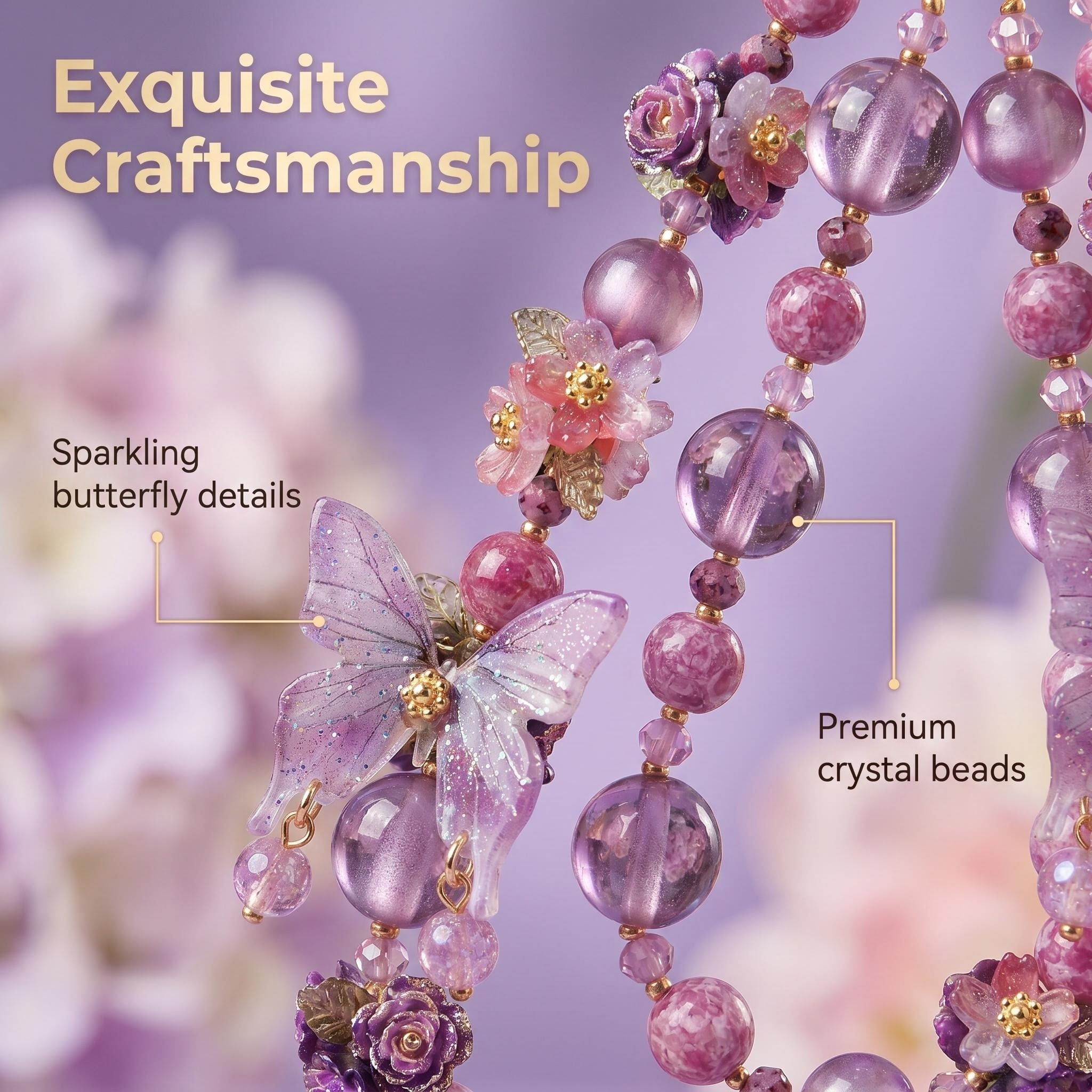 Handmade Purple Butterfly Phone Charm | Fairycore Floral Beaded Strap