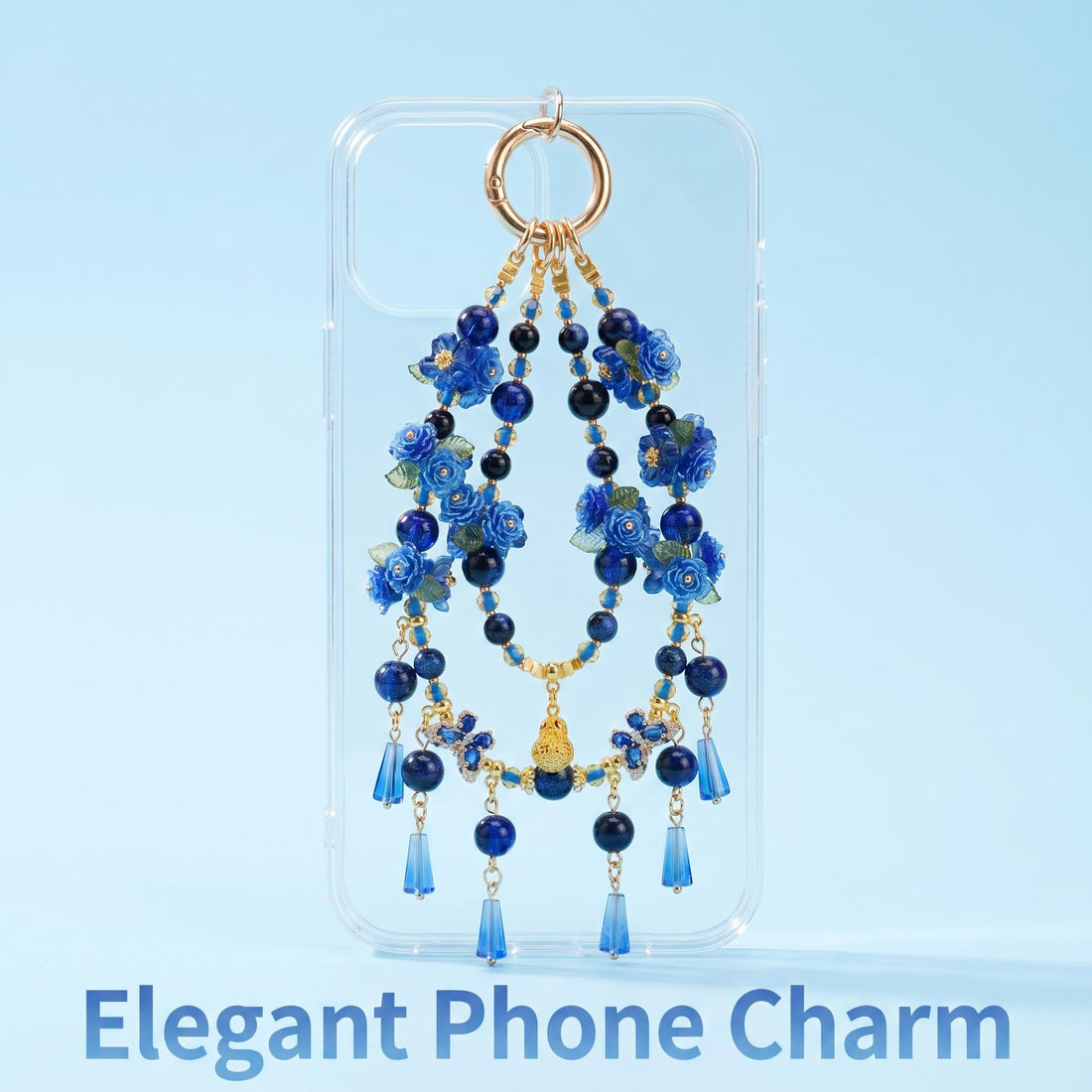 Handmade Sapphire Blue Rose Phone Charm | Vintage Oriental Beaded Strap