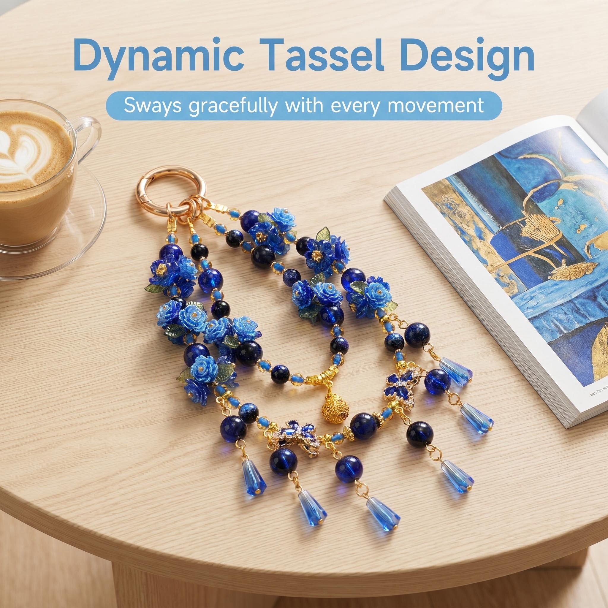 Handmade Sapphire Blue Rose Phone Charm | Vintage Oriental Beaded Strap