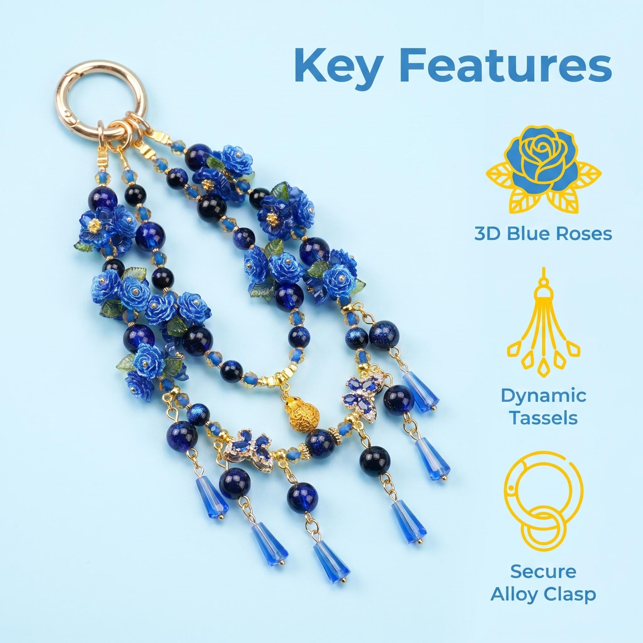Handmade Sapphire Blue Rose Phone Charm | Vintage Oriental Beaded Strap