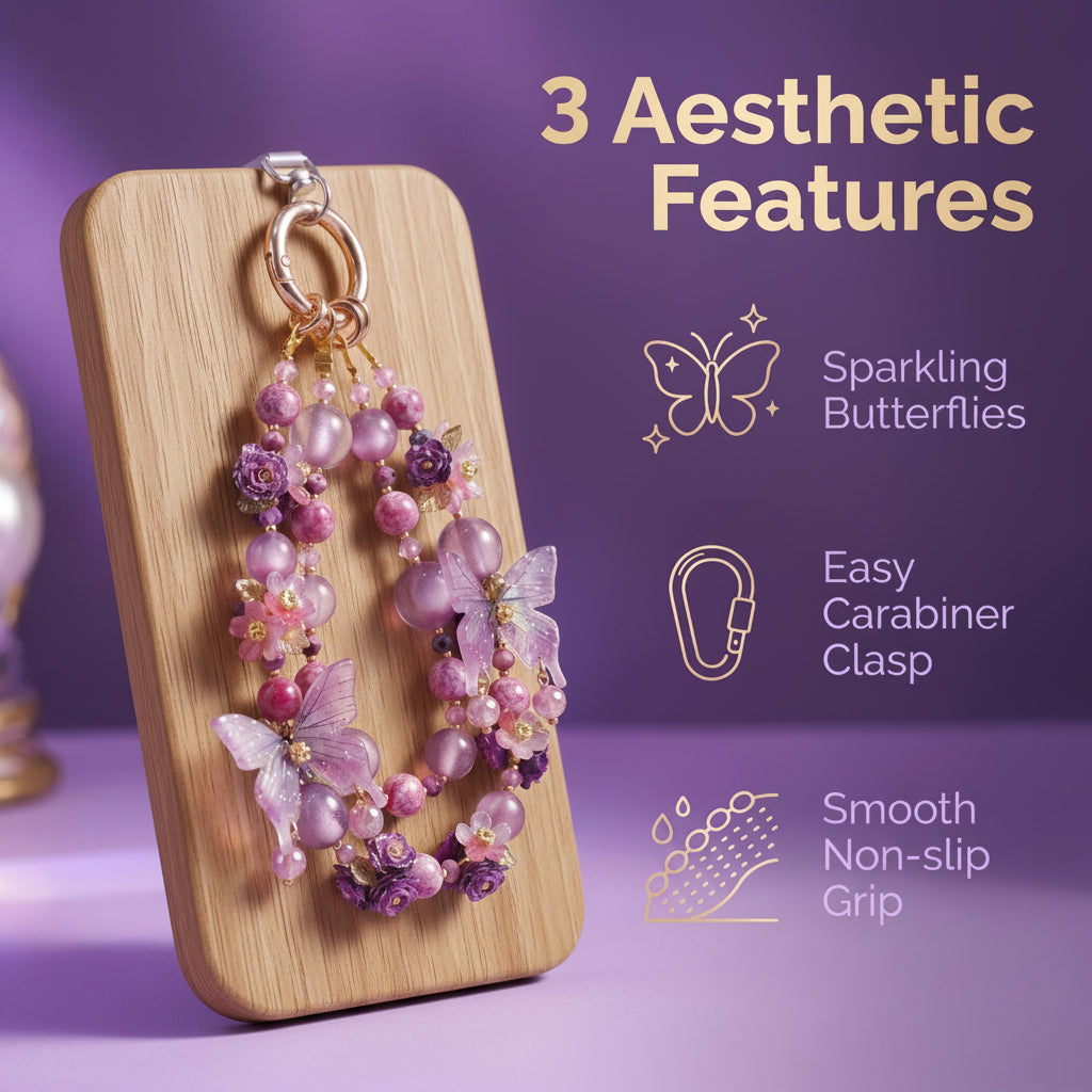 Handmade Purple Butterfly Phone Charm | Fairycore Floral Beaded Strap