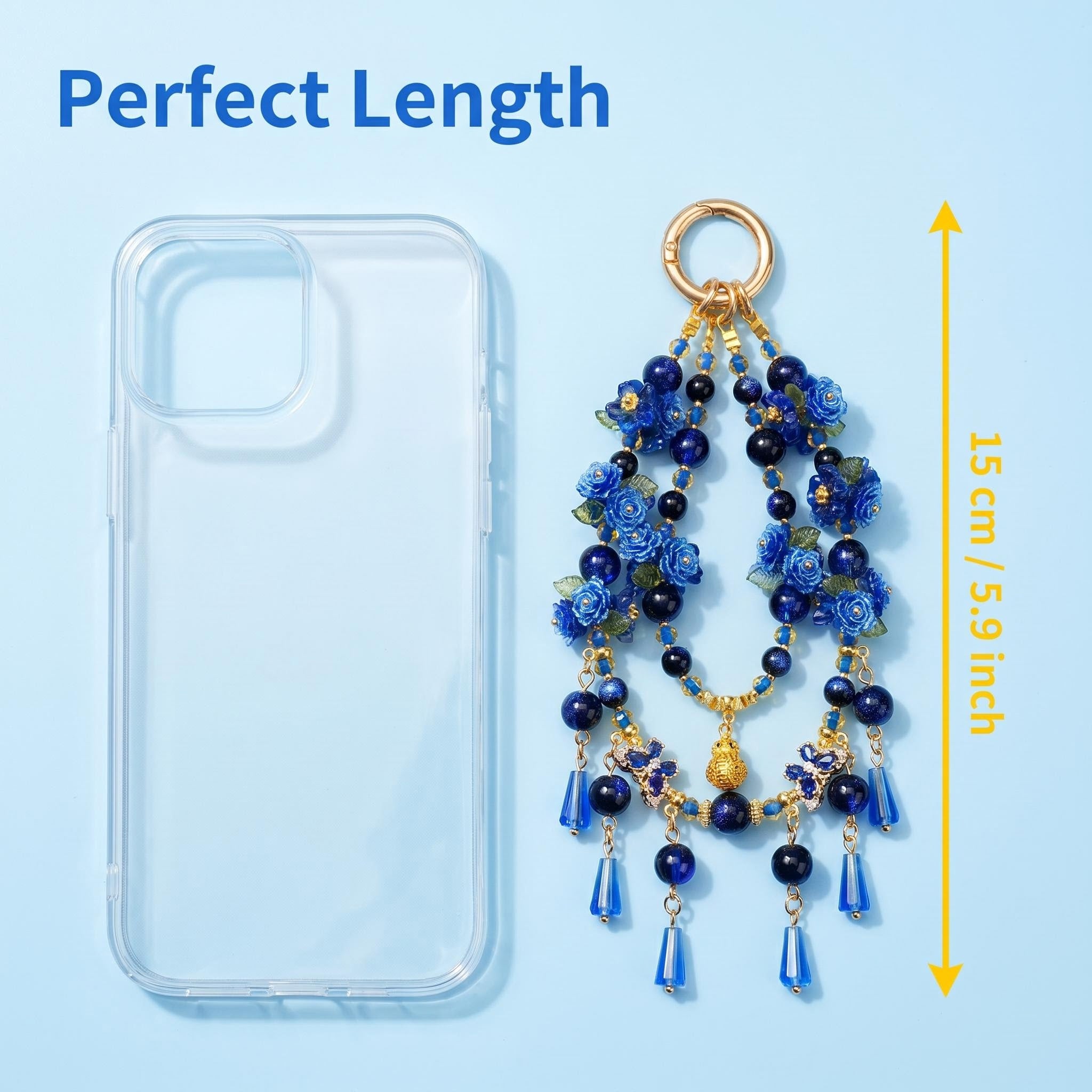 Handmade Sapphire Blue Rose Phone Charm | Vintage Oriental Beaded Strap