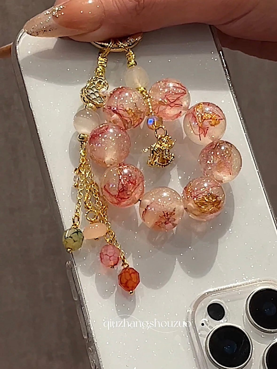 Luxury Pink Resin Phone Charm - Gold Flake Sakura Beads | Fairycore Aesthetic Phone Strap