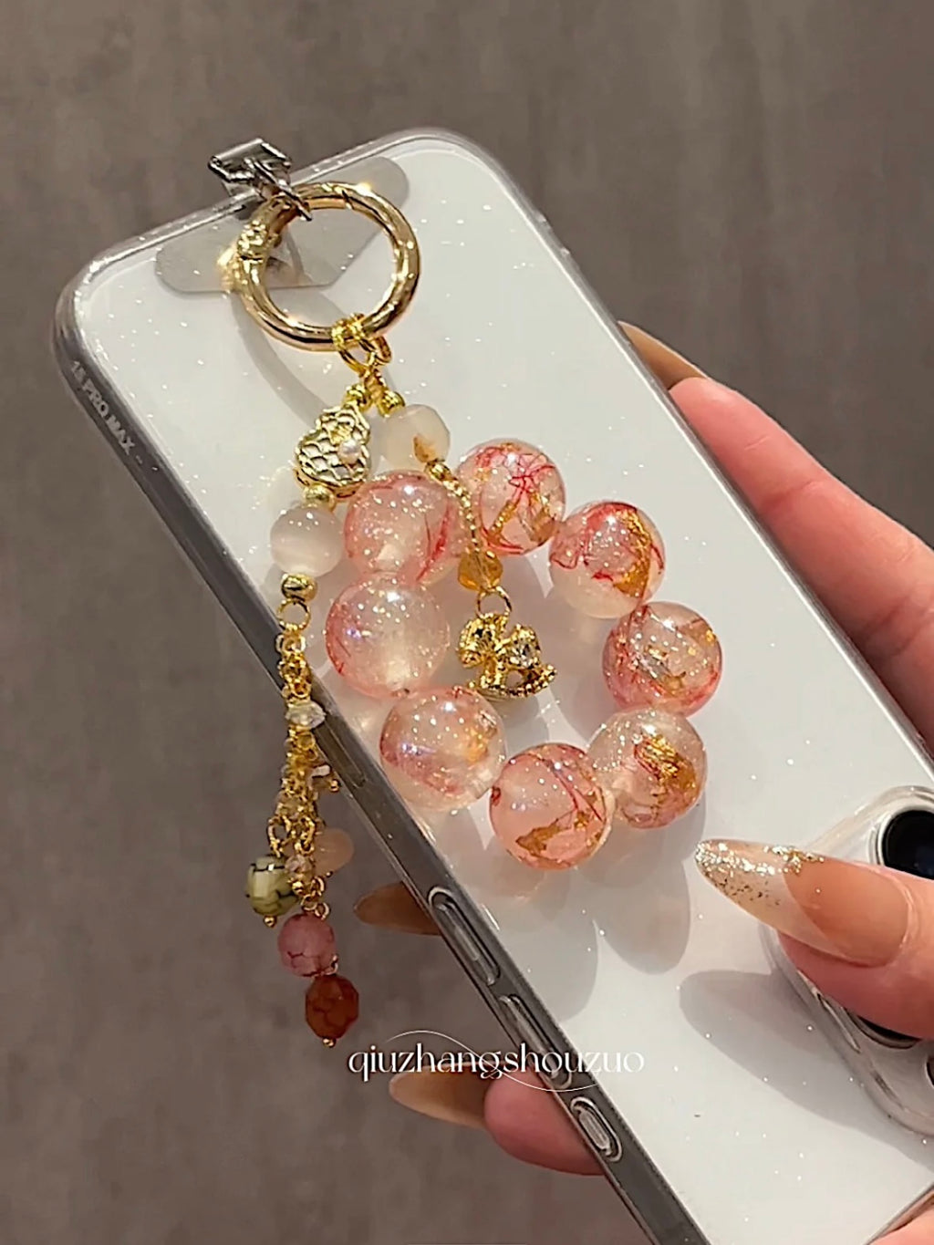 Luxury Pink Resin Phone Charm - Gold Flake Sakura Beads | Fairycore Aesthetic Phone Strap