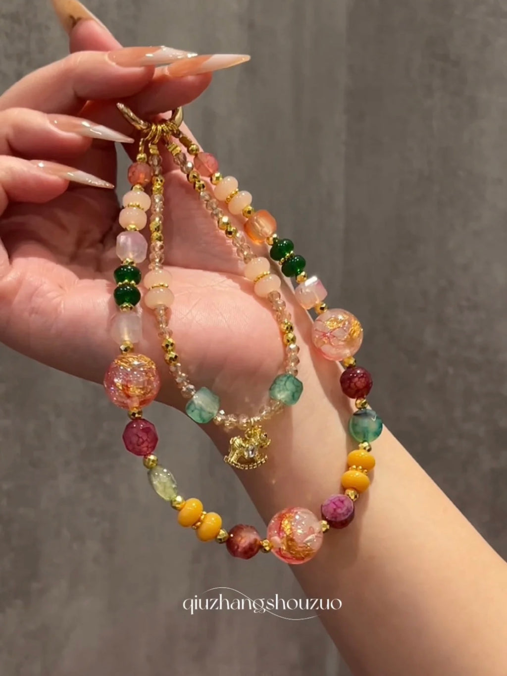 "Spring Awakening" Multi-Strand Charm - Pink, Green & Yellow Beaded Strap with Golden Horse