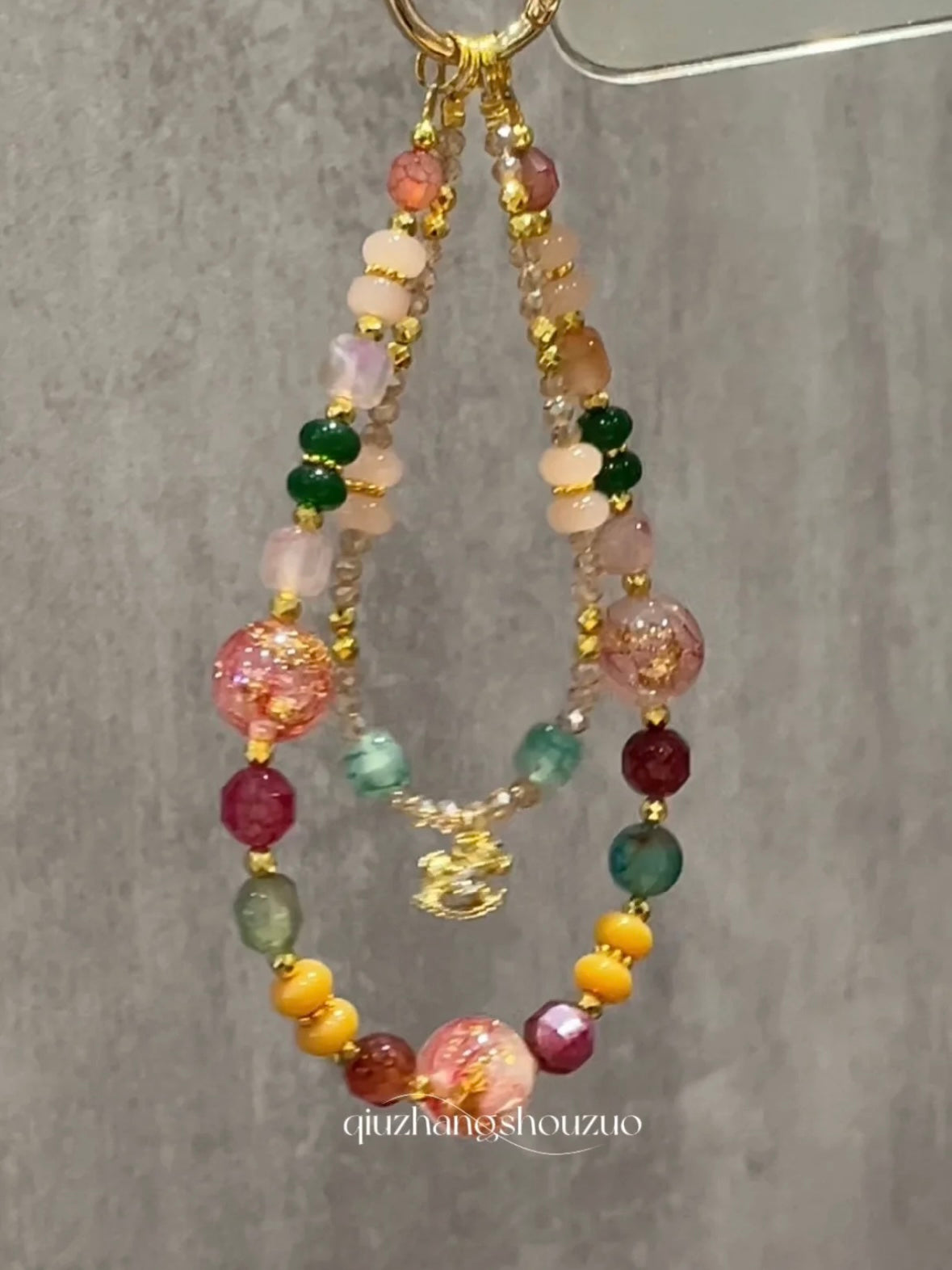 "Spring Awakening" Multi-Strand Charm - Pink, Green & Yellow Beaded Strap with Golden Horse