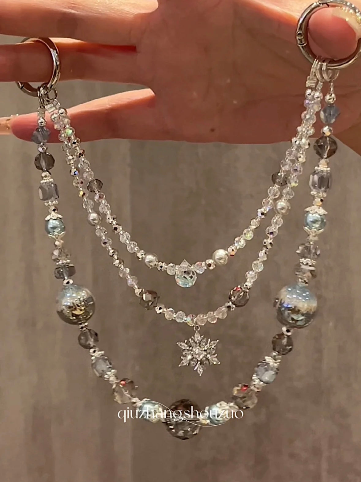 "Frozen Tears" Multi-Strand Charm Layered Charm｜Silver Snowflake & Crystal Beads | Wintercore Aesthetic