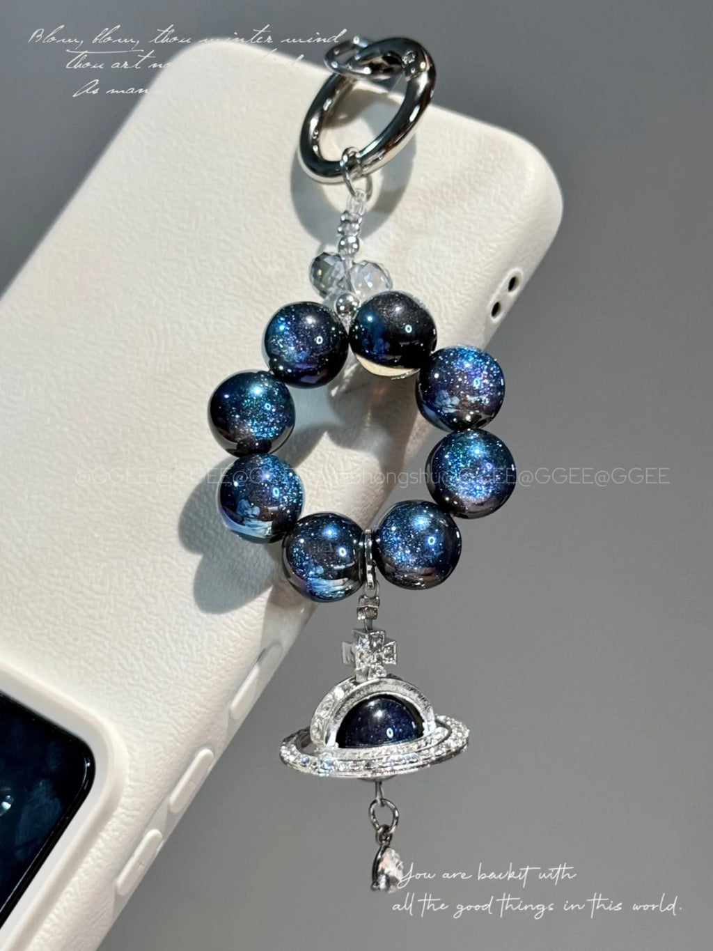 "Starry Night" Galaxy Beaded Keychain - Midnight Blue Cat's Eye Beads & Planet Pendant