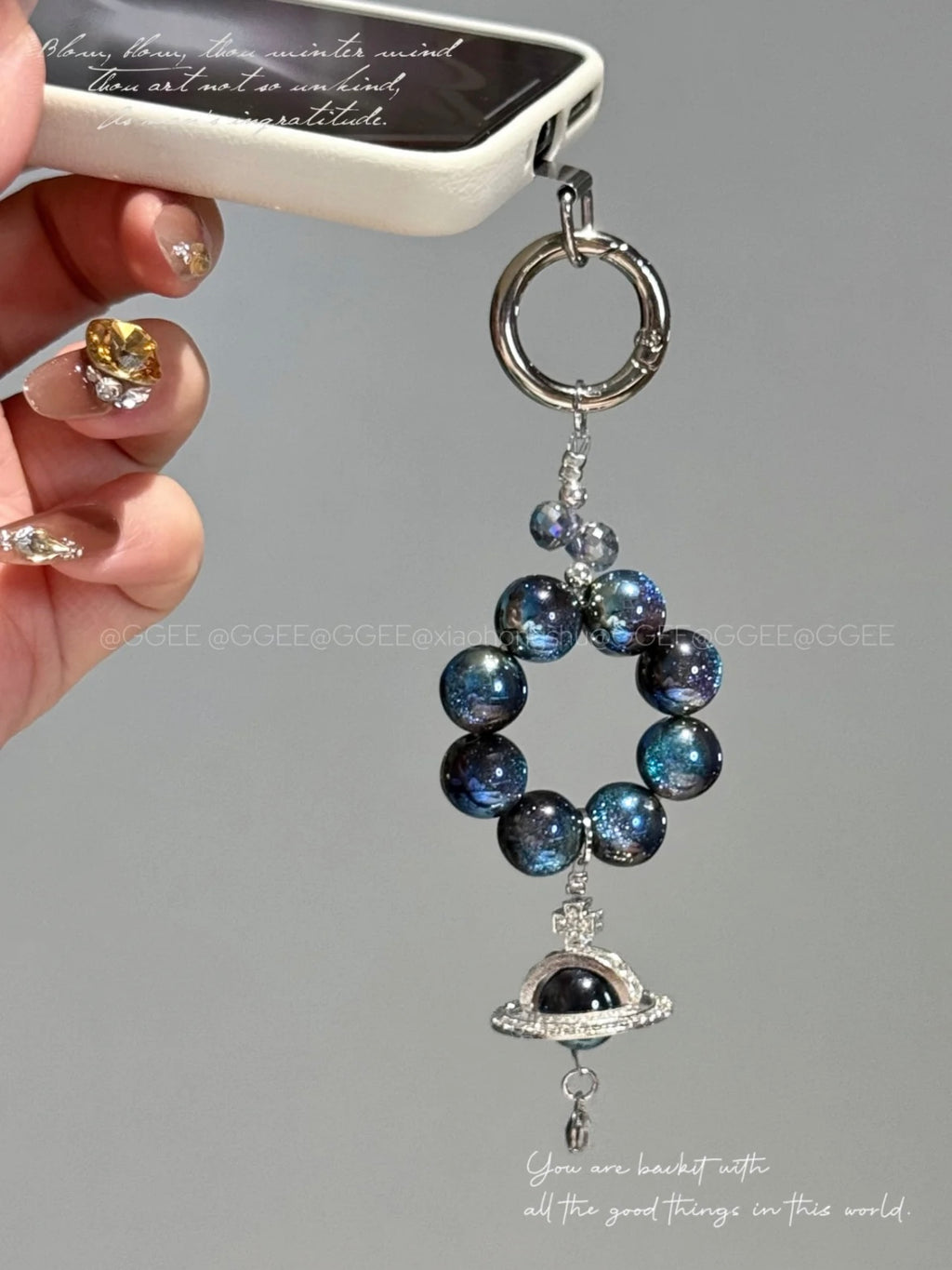 "Starry Night" Galaxy Beaded Keychain - Midnight Blue Cat's Eye Beads & Planet Pendant