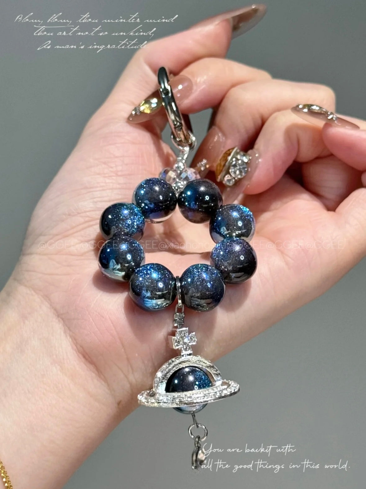 "Starry Night" Galaxy Beaded Keychain - Midnight Blue Cat's Eye Beads & Planet Pendant