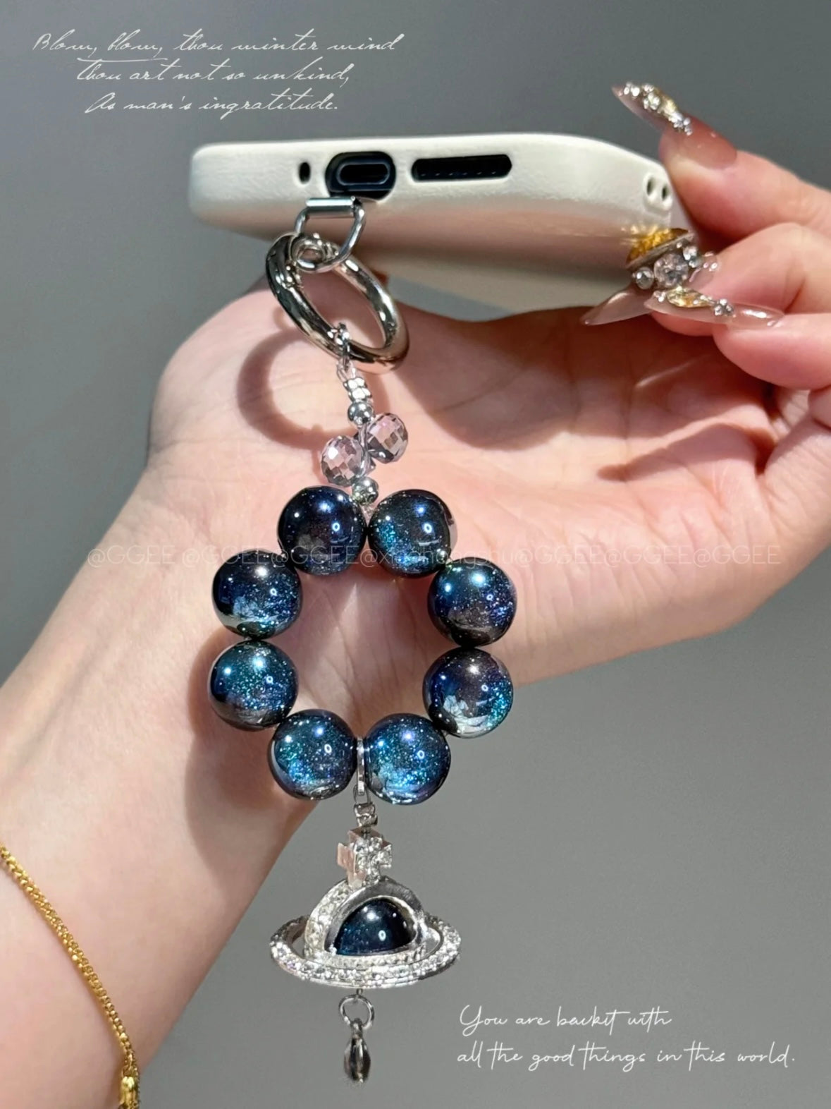 "Starry Night" Galaxy Beaded Keychain - Midnight Blue Cat's Eye Beads & Planet Pendant