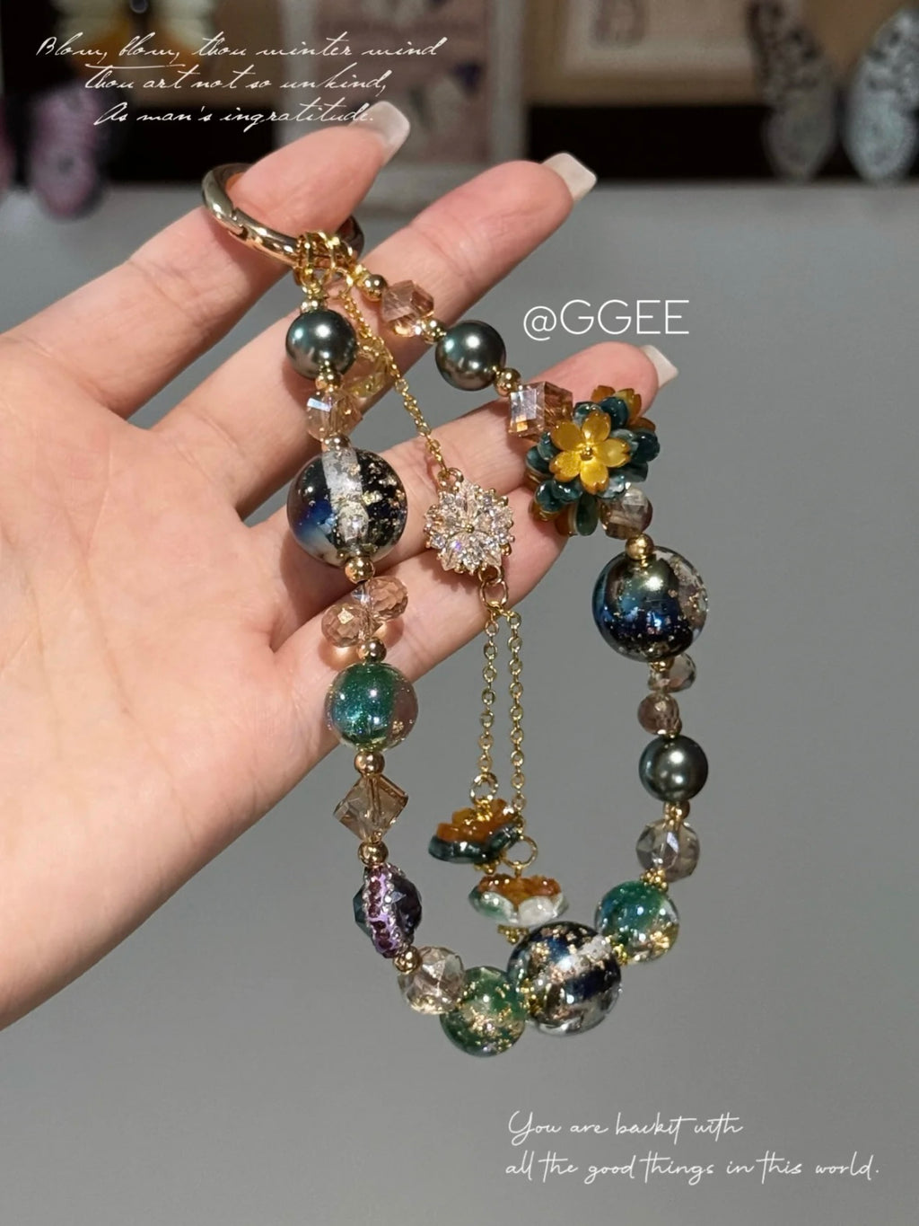 The "Midnight Garden" Layered Charm - Emerald Green & Gold Foil Beads | Deep Green & Blue Galaxy Beads with Flower Charm