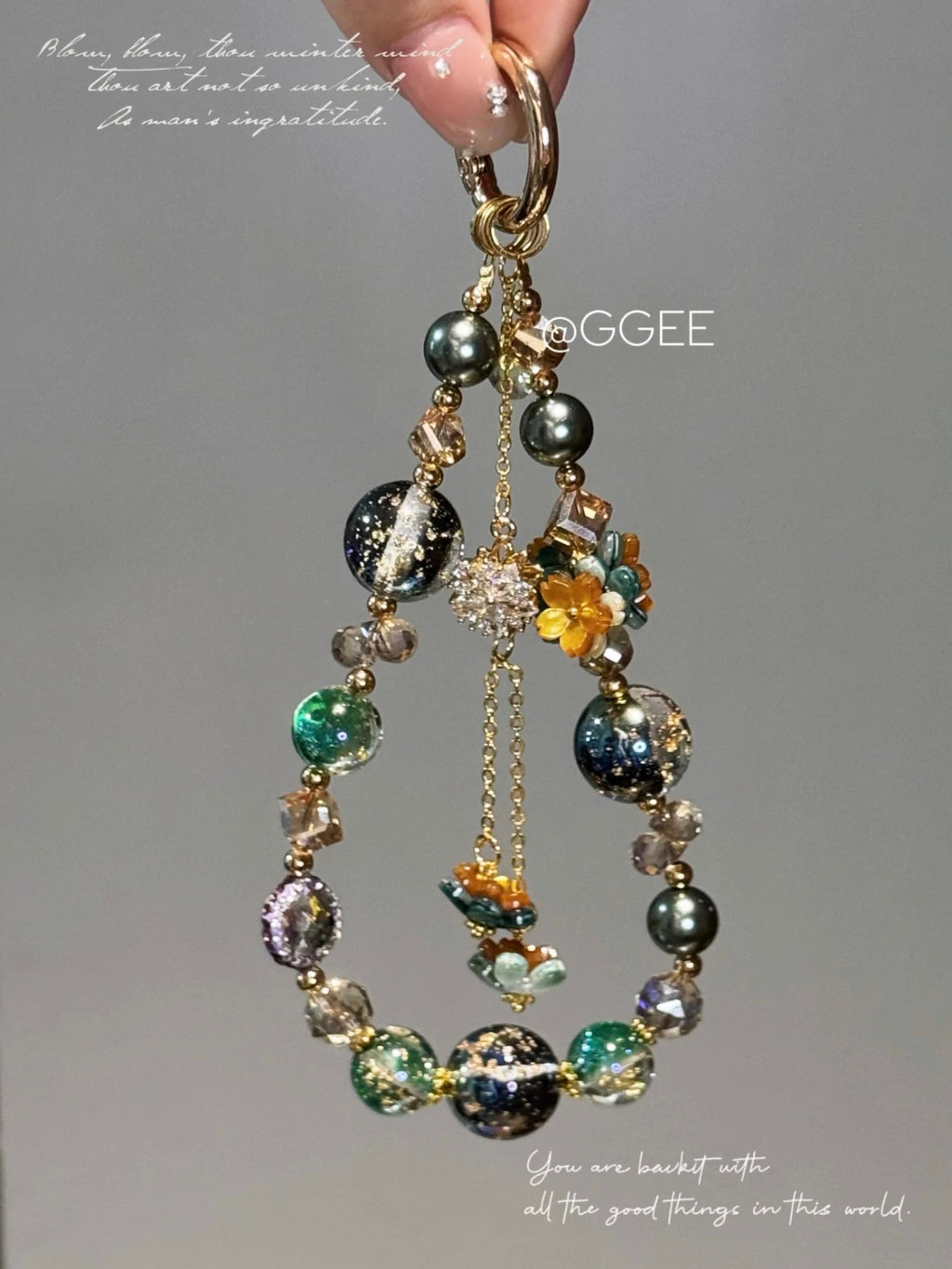 The "Midnight Garden" Layered Charm - Emerald Green & Gold Foil Beads | Deep Green & Blue Galaxy Beads with Flower Charm