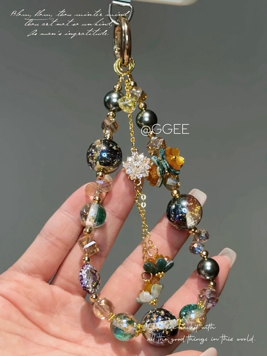 The "Midnight Garden" Layered Charm - Emerald Green & Gold Foil Beads | Deep Green & Blue Galaxy Beads with Flower Charm