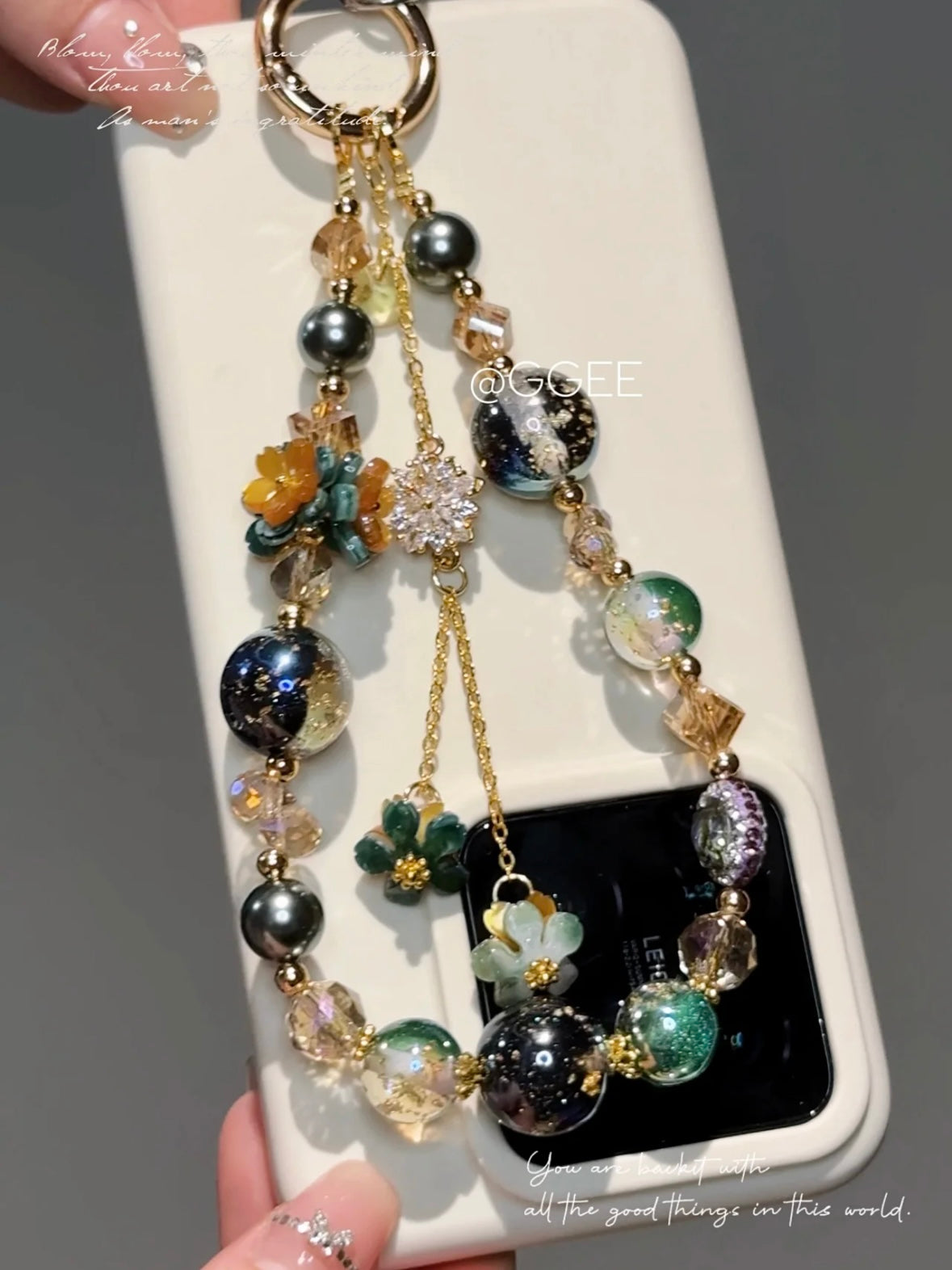 The "Midnight Garden" Layered Charm - Emerald Green & Gold Foil Beads | Deep Green & Blue Galaxy Beads with Flower Charm